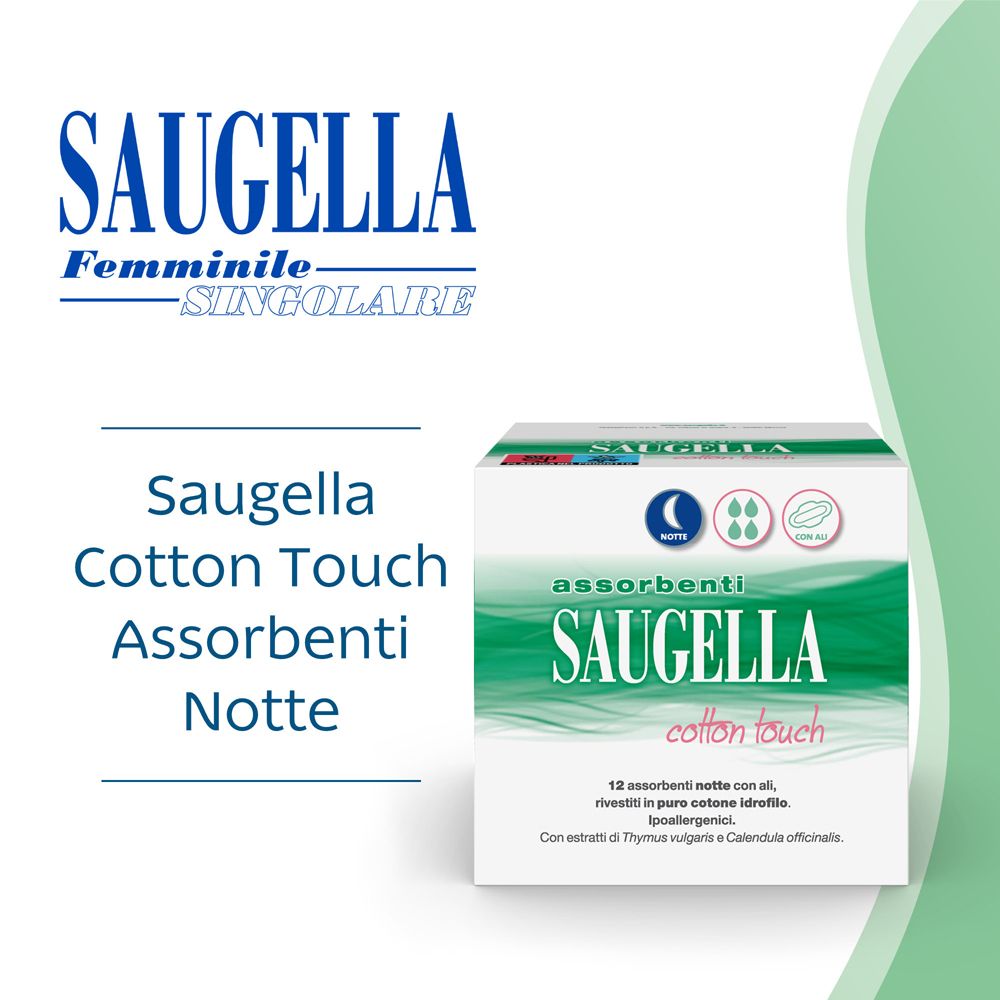 Saugella-Produkt. Weiße Schachtel mit grünem Design. Text: Saugella, Cotton Touch, Nachtbinden. Logo: Saugella Feminine.