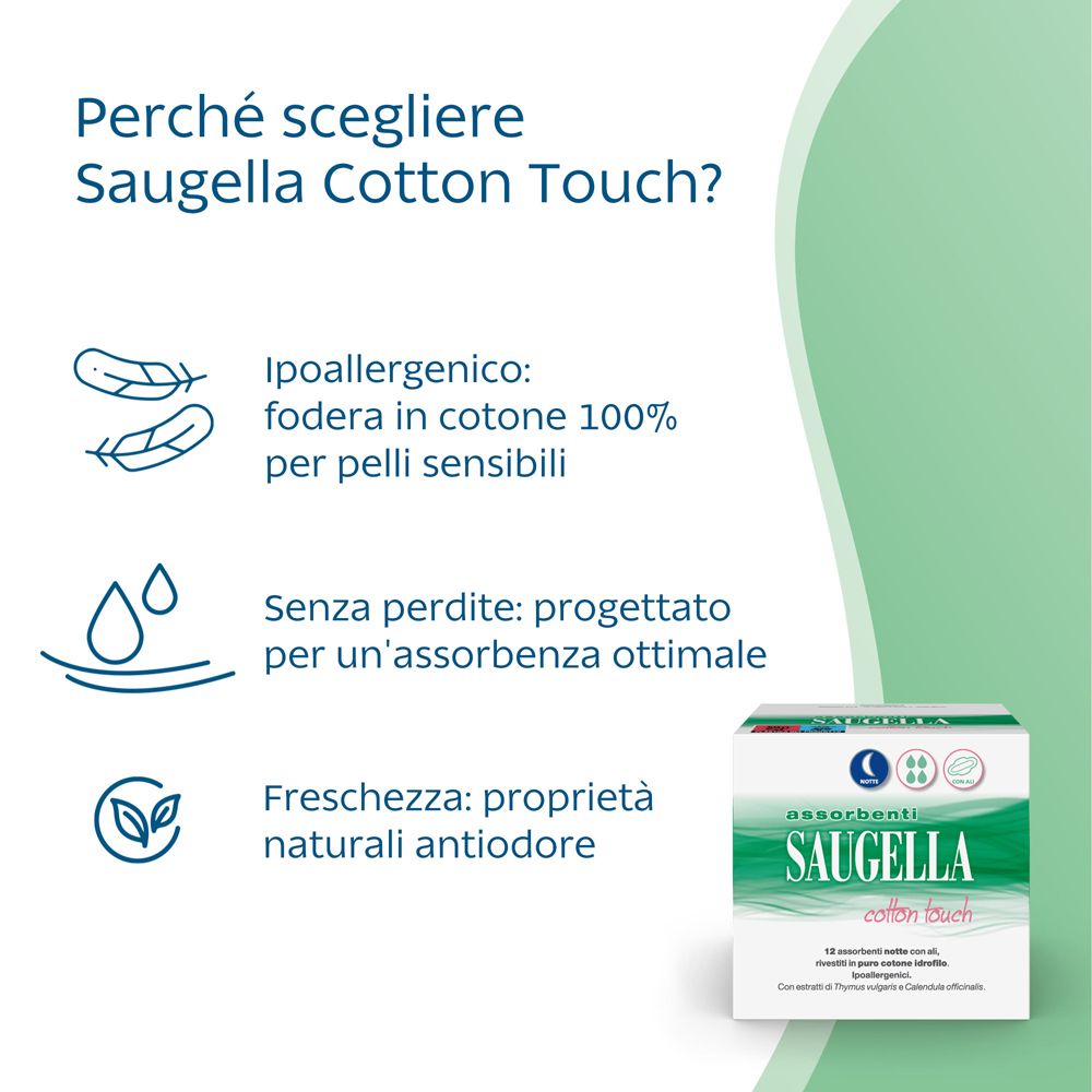 Saugella Cotton Touch-Packung. Text: Saugella Cotton Touch. Vorteile: hypoallergen, 100% Baumwolle, optimaler Schutz, Frische.