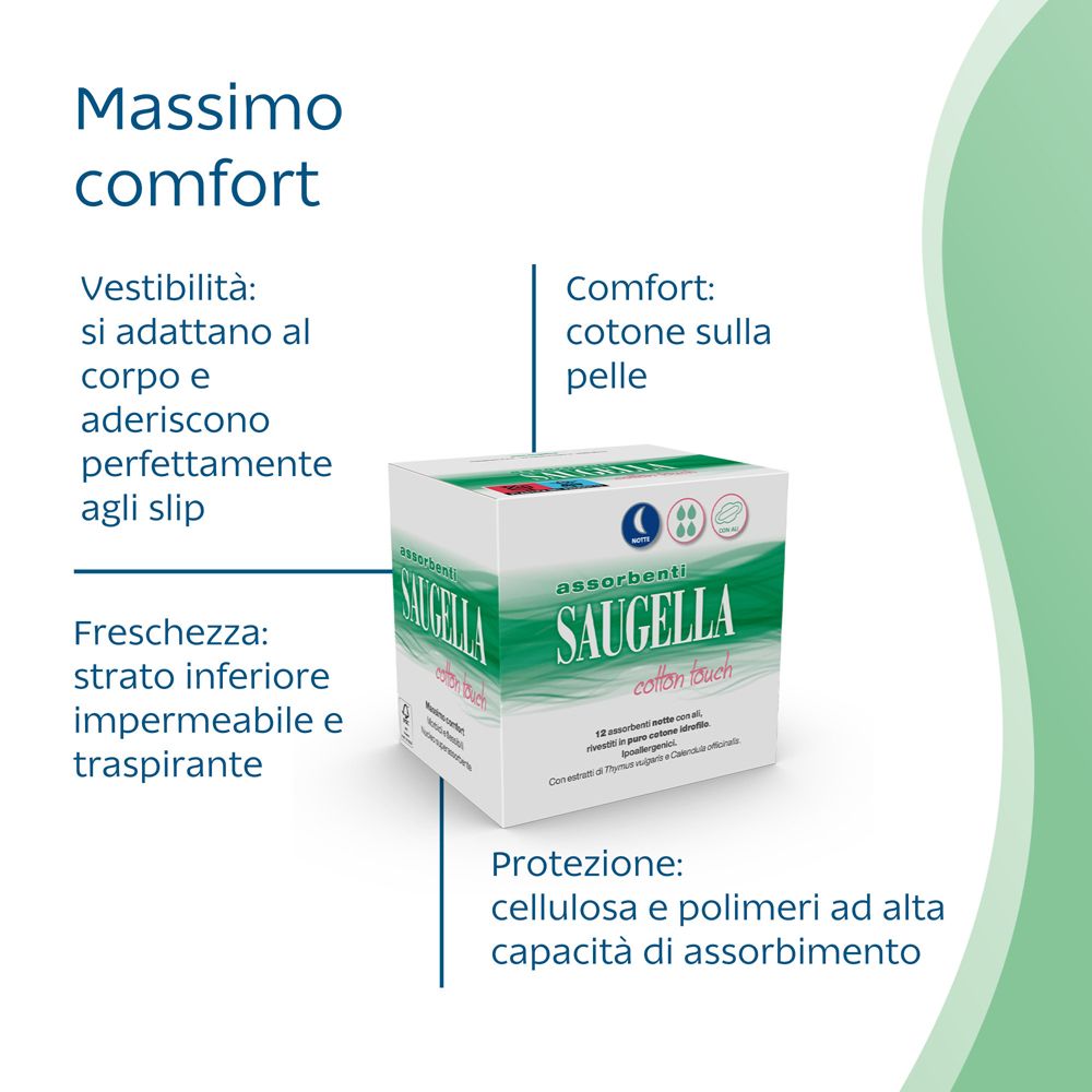 Saugella Cotton Touch-Packung. Text: maximaler Komfort, passt sich an, Baumwolle auf der Haut, atmungsaktiv, Schutz.