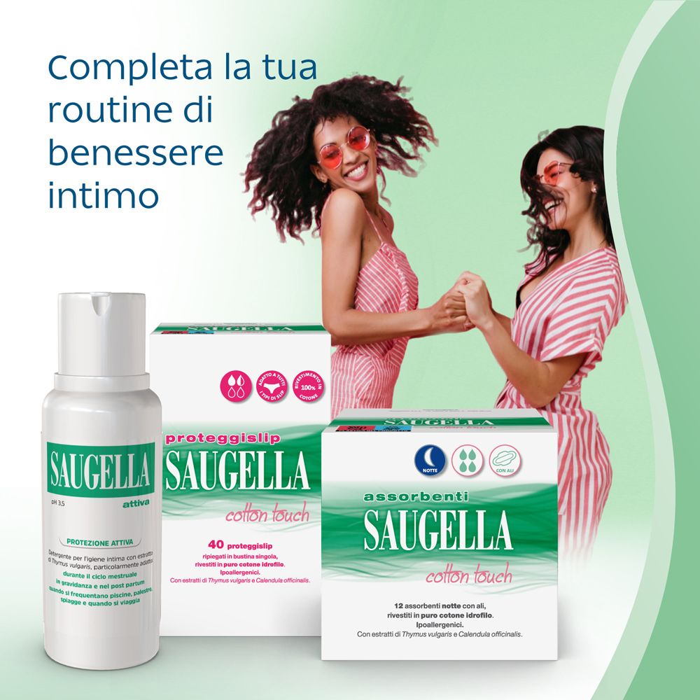 Zwei Frauen mit Saugella-Produkten. Produkte: Intimwaschlotion, Binden. Text: Vervollständigen Sie Ihre Intim-Wellness-Routine.