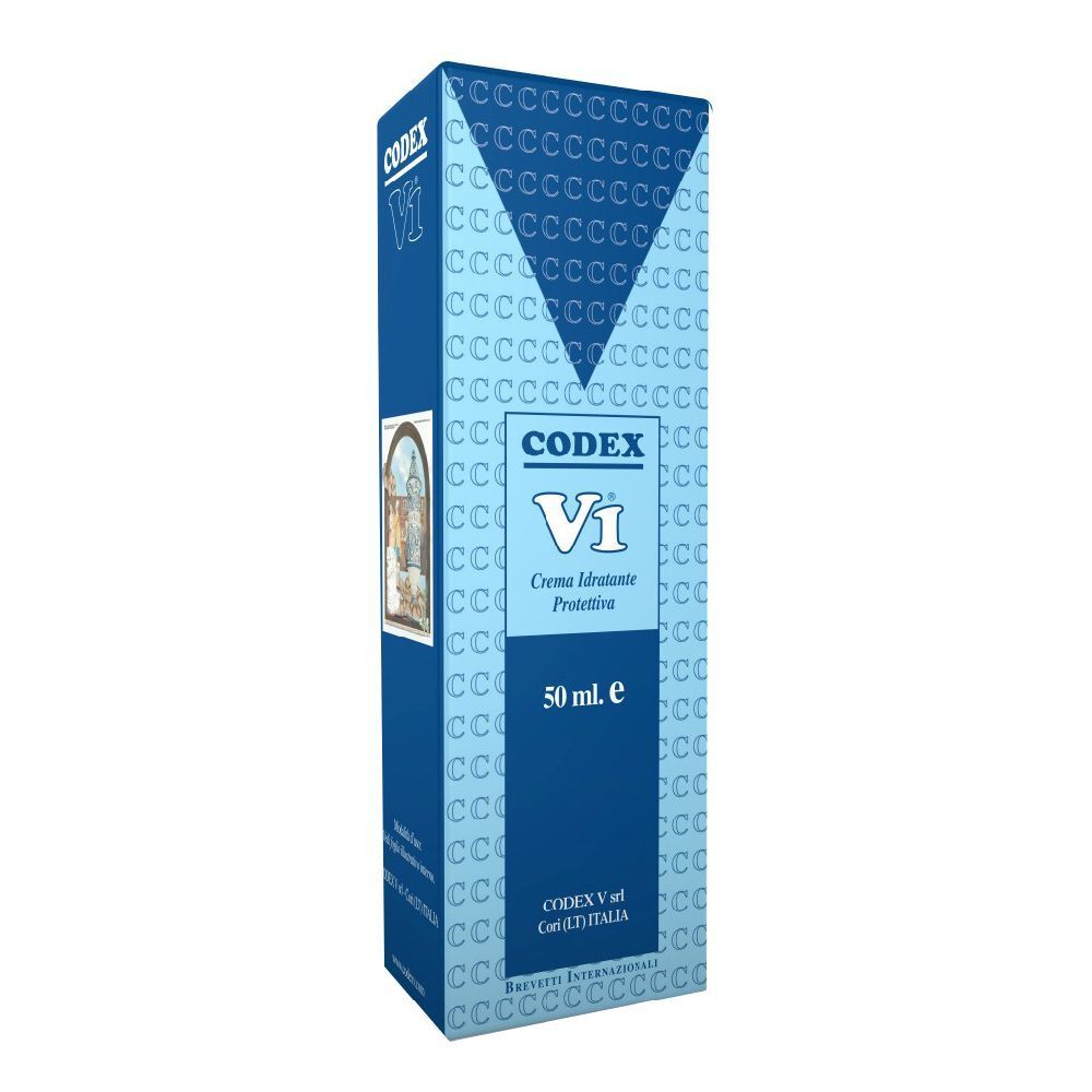 Confezione blu e bianca con nome prodotto CODEX V1 Crema Idratante. Scritta: 50 ml. e. Confezione con motivo geometrico.