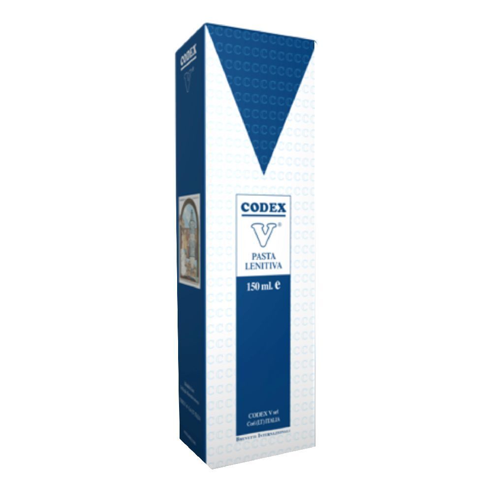 Scatola blu e bianca con logo e nome del prodotto. Scritto: V Pasta Lenitiva 150 ml.