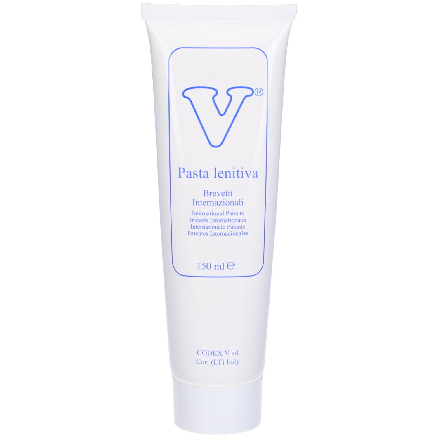 Tubo bianco con logo blu e nome del prodotto. Scritto: Pasta lenitiva, 150 ml.