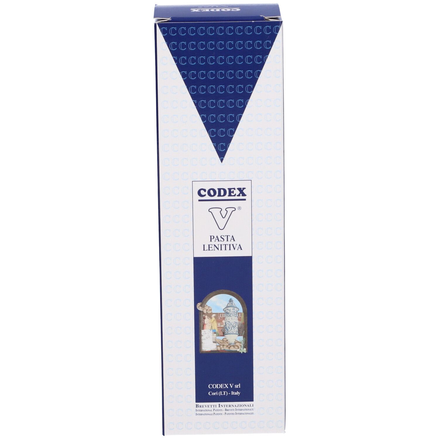 Scatola blu e bianca con logo e nome del prodotto. Scritto: CODEX V Pasta lenitiva.