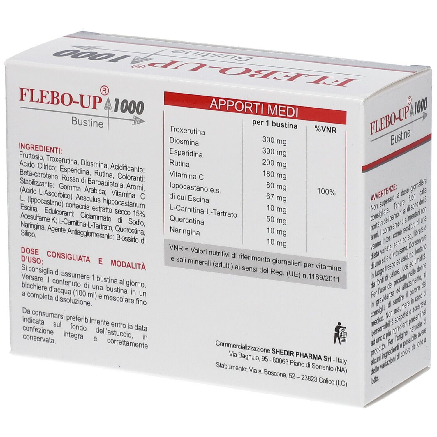 Retro della confezione Flebo-Up® 1000 Bustine. Contiene informazioni nutrizionali e ingredienti.