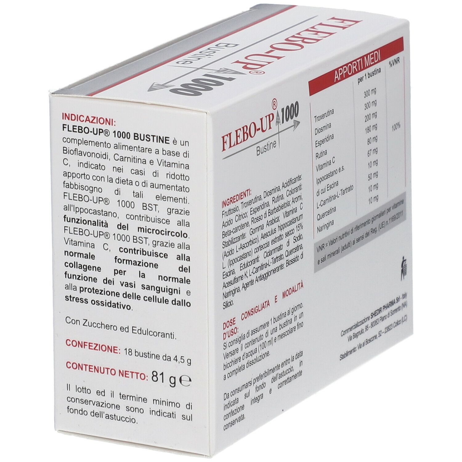 Scatola di Flebo-Up® 1000 Bustine, angolata. Contiene informazioni nutrizionali e ingredienti.