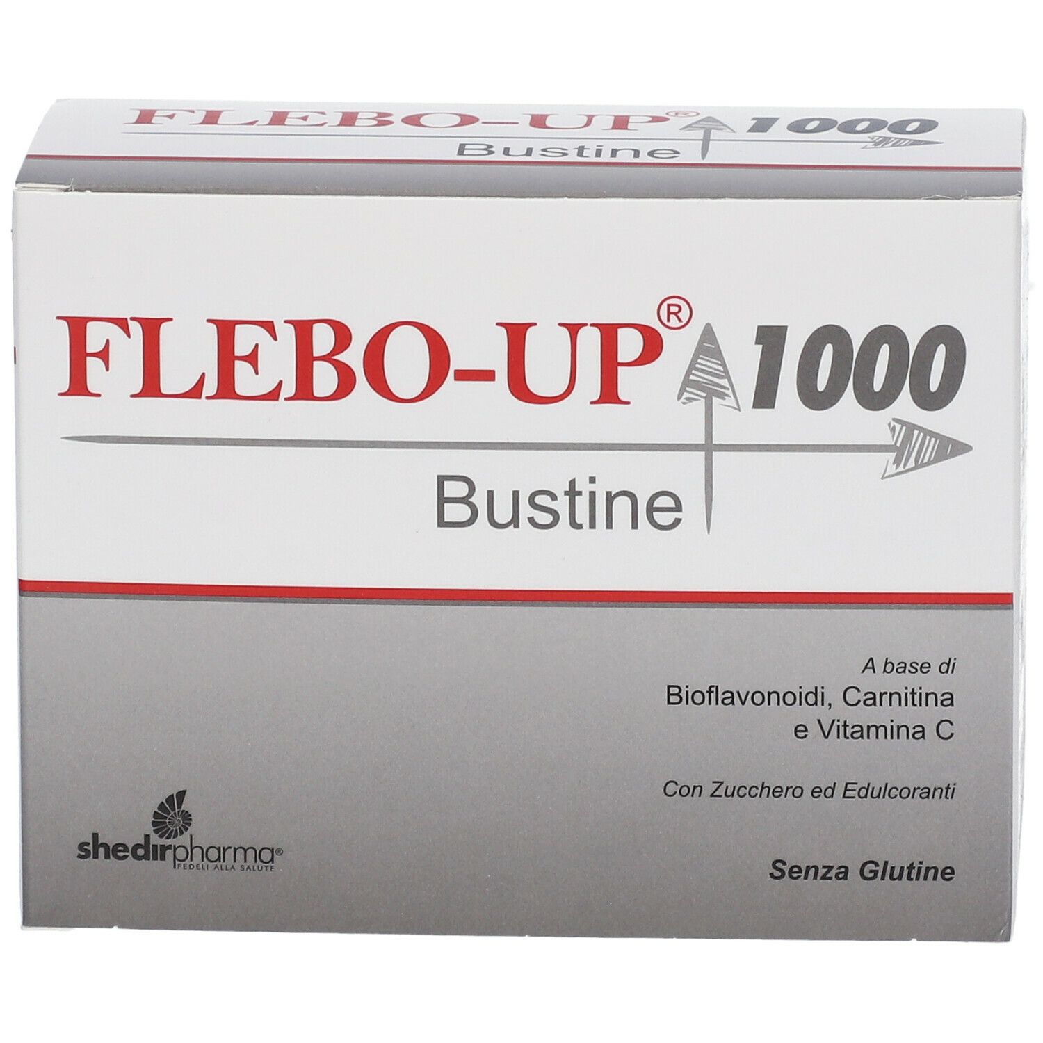 Confezione di Flebo-Up® 1000 Bustine. Scatola bianca e rossa con nome del prodotto e ingredienti.