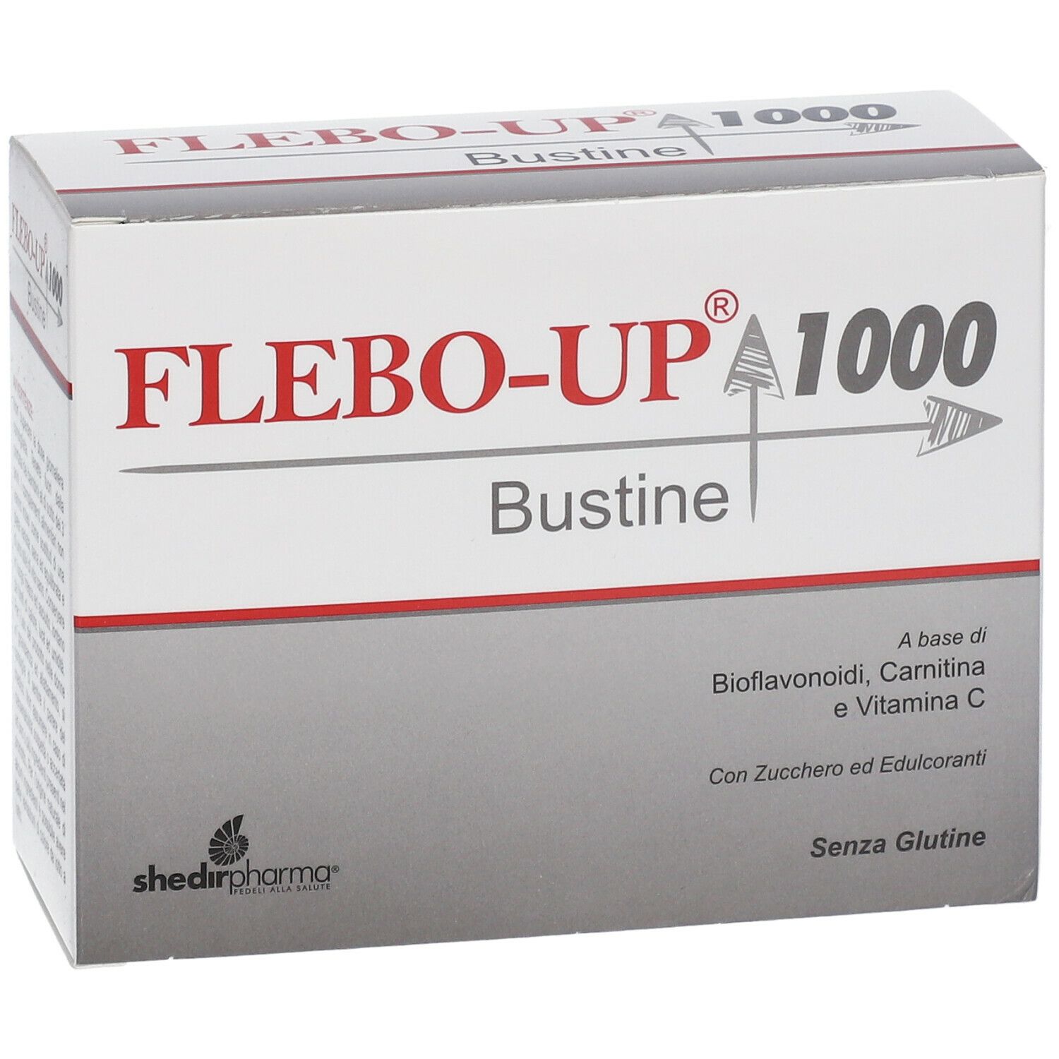 Confezione di Flebo-Up® 1000 Bustine. Scatola bianca e rossa con nome del prodotto e ingredienti.