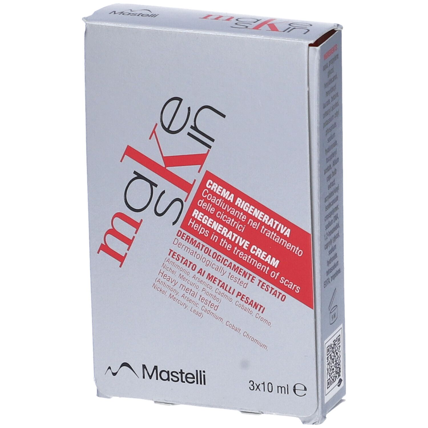 Scatola con logo "make skin" e testo. Contiene "CREMA RIGENERATIVA" e "3x10 ml e". Testato per metalli pesanti.