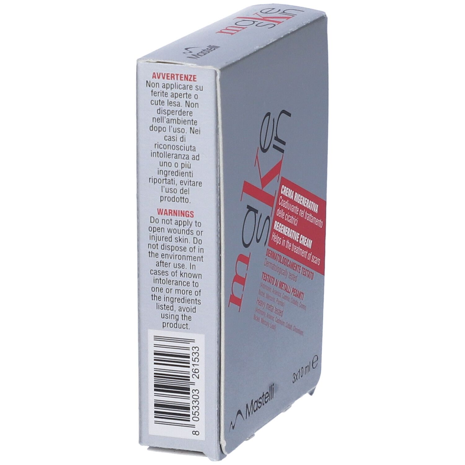 Scatola con testo e codice a barre. Contiene avvertenze e istruzioni. "make skin" e "CREMA RIGENERATIVA" sono visibili.