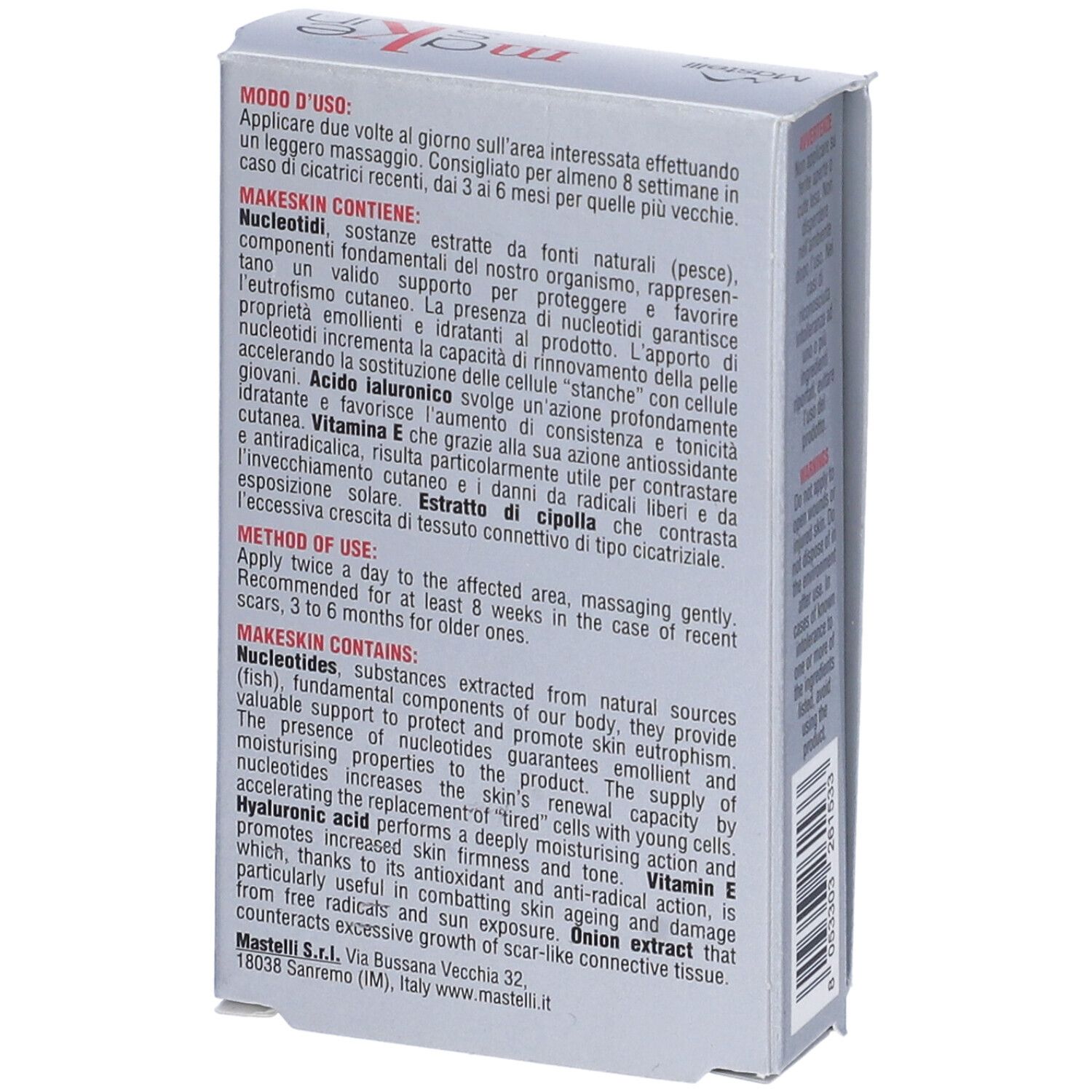 Retro della scatola con istruzioni e ingredienti. Contiene "make skin" e "CREMA RIGENERATIVA".