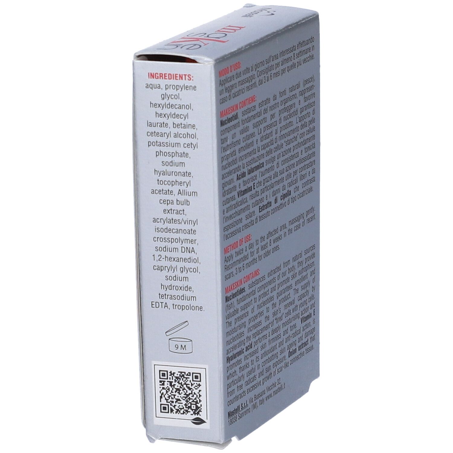 Lato della scatola con ingredienti e codice QR. Contiene "make skin" e "CREMA RIGENERATIVA".