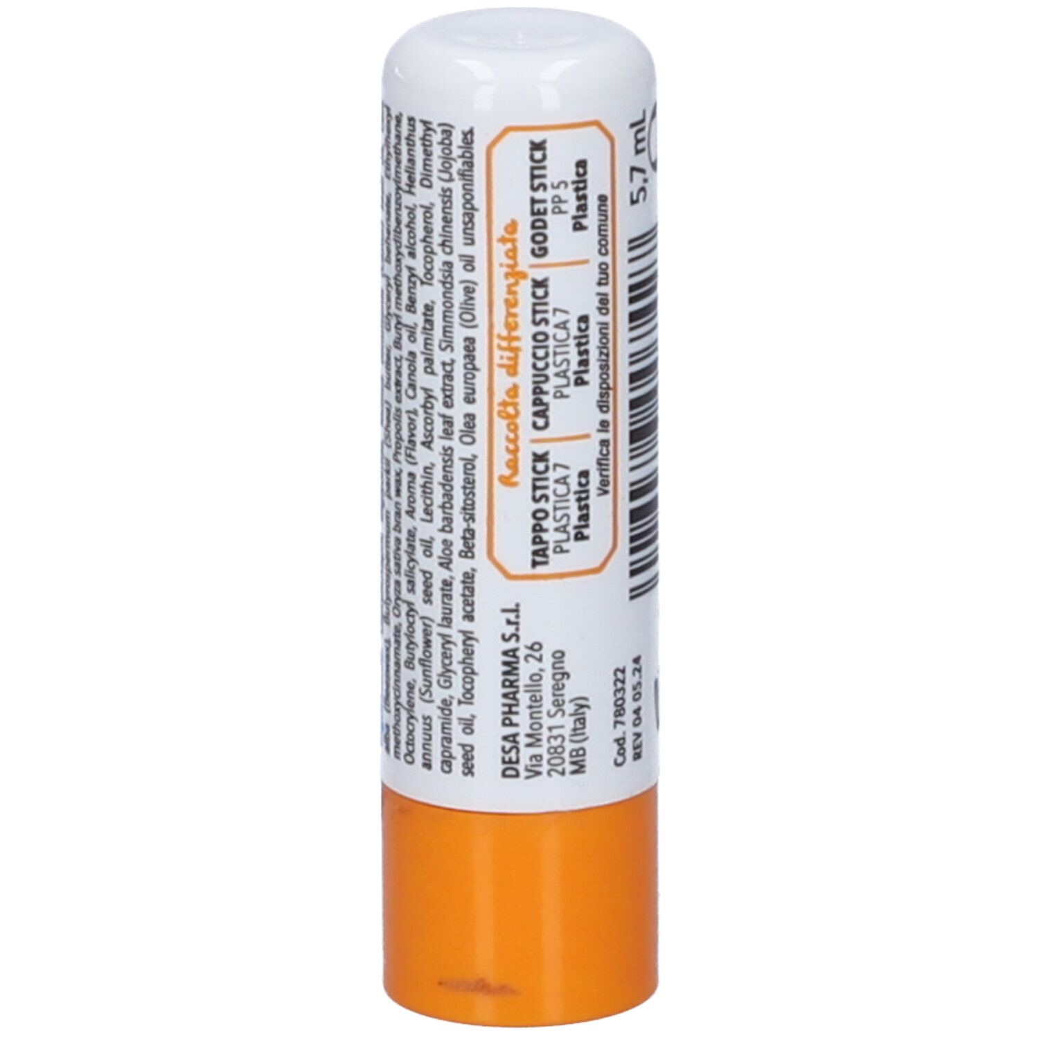 Weiß-orange Lippenpflegestift. Aufschrift: Inhaltsstoffe, 5,7 ml, DESA PHARMA S.r.l.