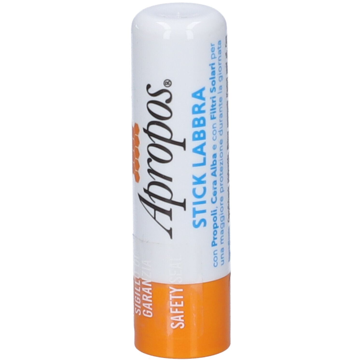 Weiß-orange Lippenpflegestift. Aufschrift: Apropos, Stick Labbra, mit Filtern.