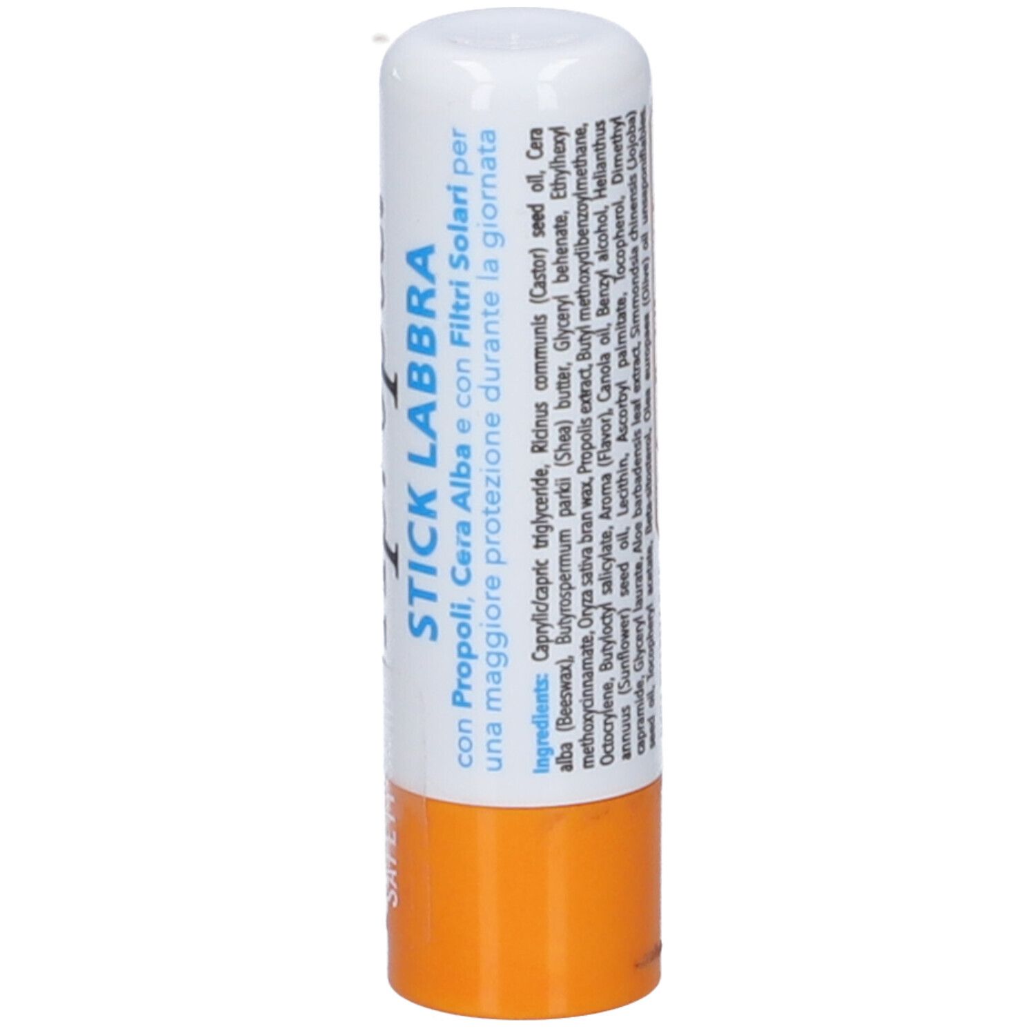 Weiß-orange Lippenpflegestift. Aufschrift: Inhaltsstoffe, Apropos, Stick Labbra.