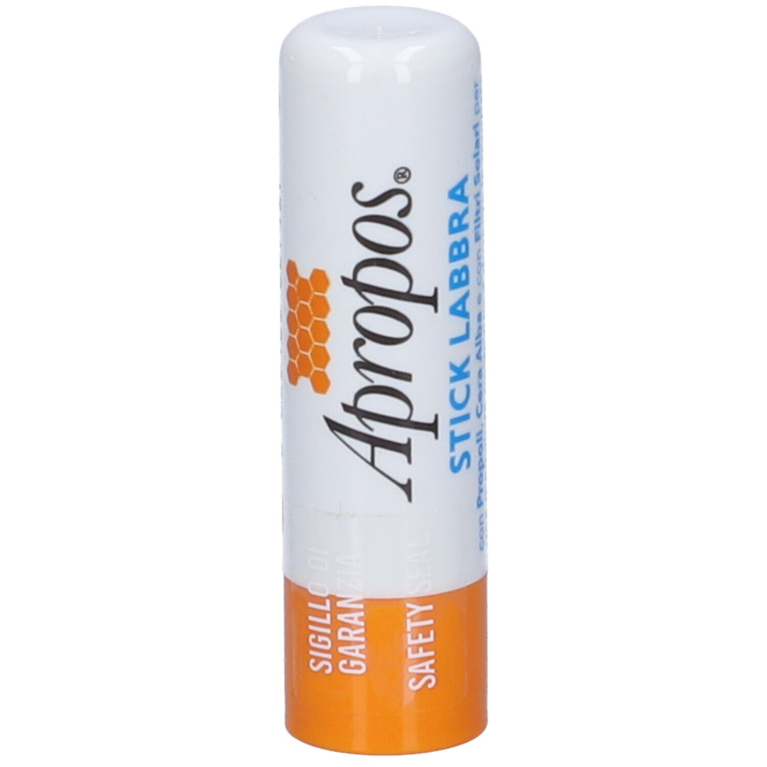 Weiß-orange Lippenpflegestift. Aufschrift: Apropos, Stick Labbra, Sigillo Garanzia, Safety.