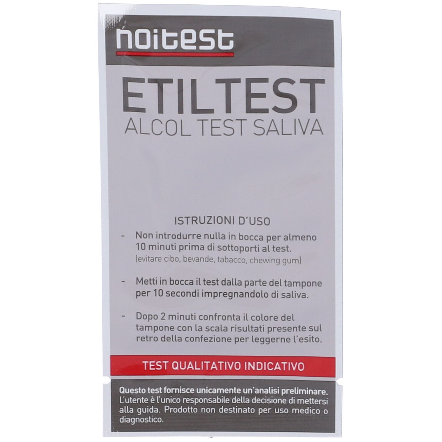 Confezione Etiltest Alcol Test Saliva. Test salivare. Istruzioni d'uso e informazioni sul prodotto in italiano.
