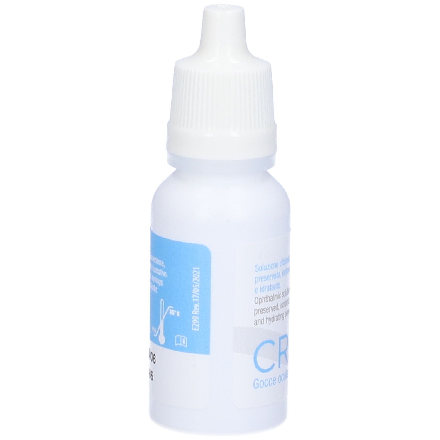 Flacone bianco di collirio con etichetta blu. Scritta: CRIAl, Gocce oculari. Chiusura contagocce.