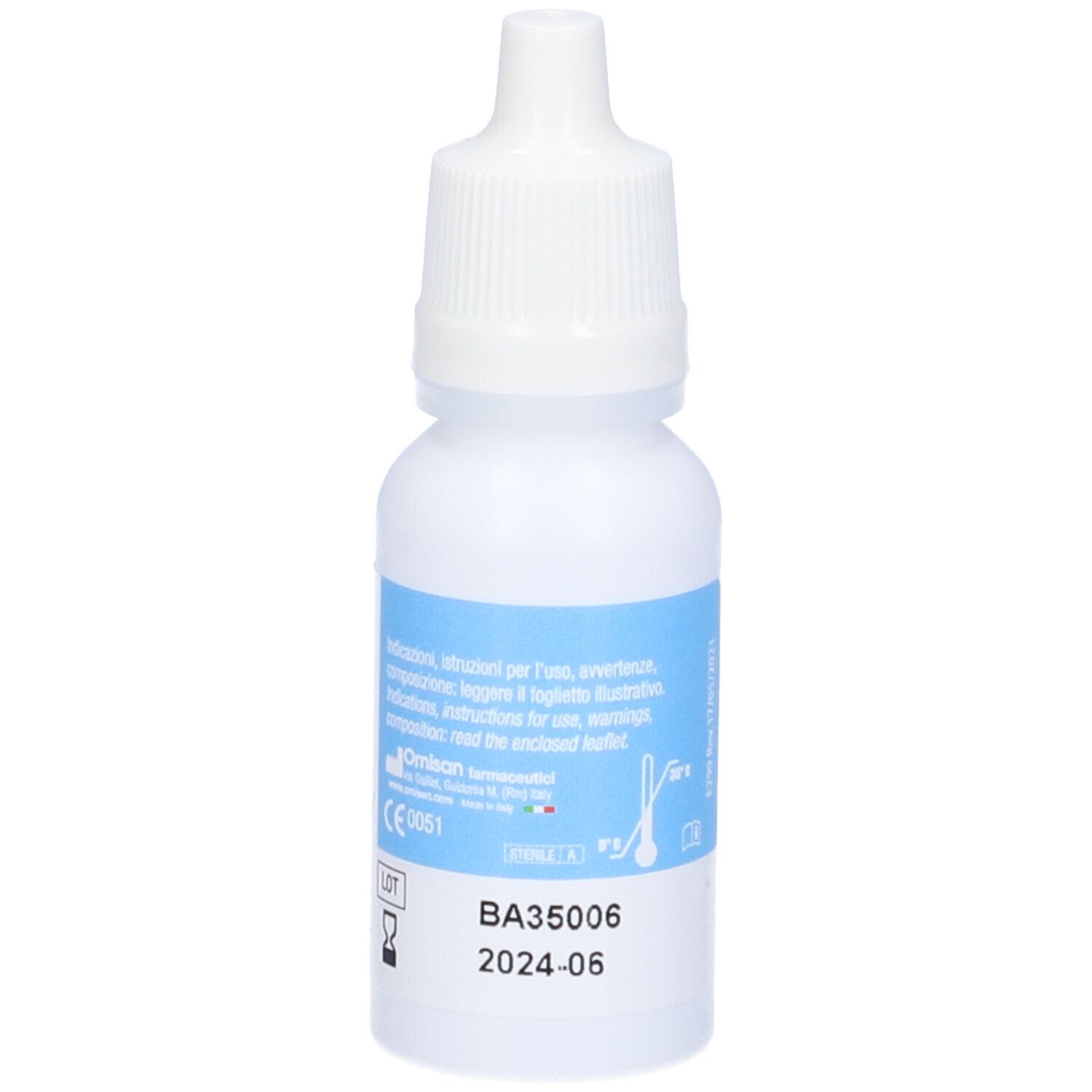 Flacone bianco di collirio con etichetta blu. Scritta: CRIAl. Stampa: BA35006, 2024-06. Chiusura contagocce.