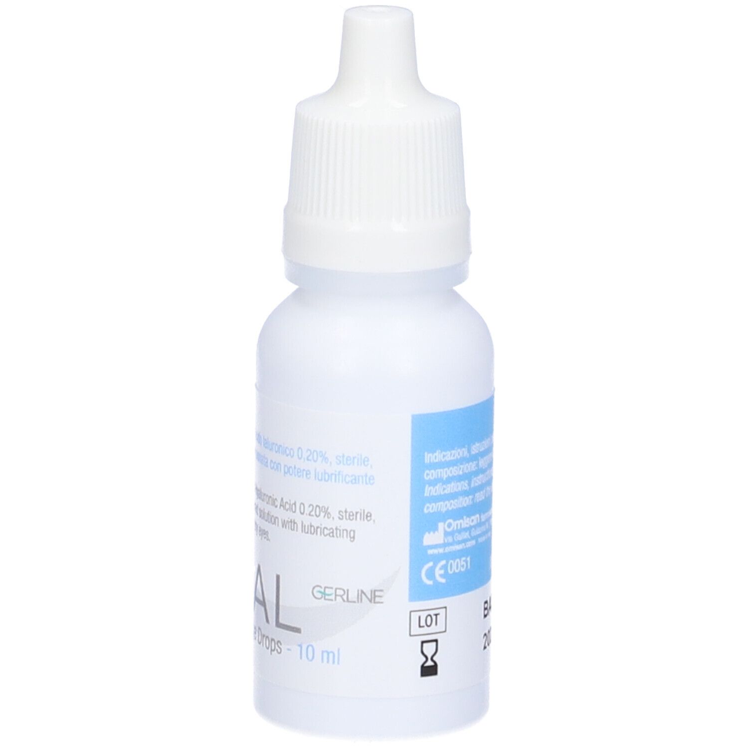 Flacone bianco di collirio con etichetta blu. Scritta: CRIAl, 10 ml. Chiusura contagocce.