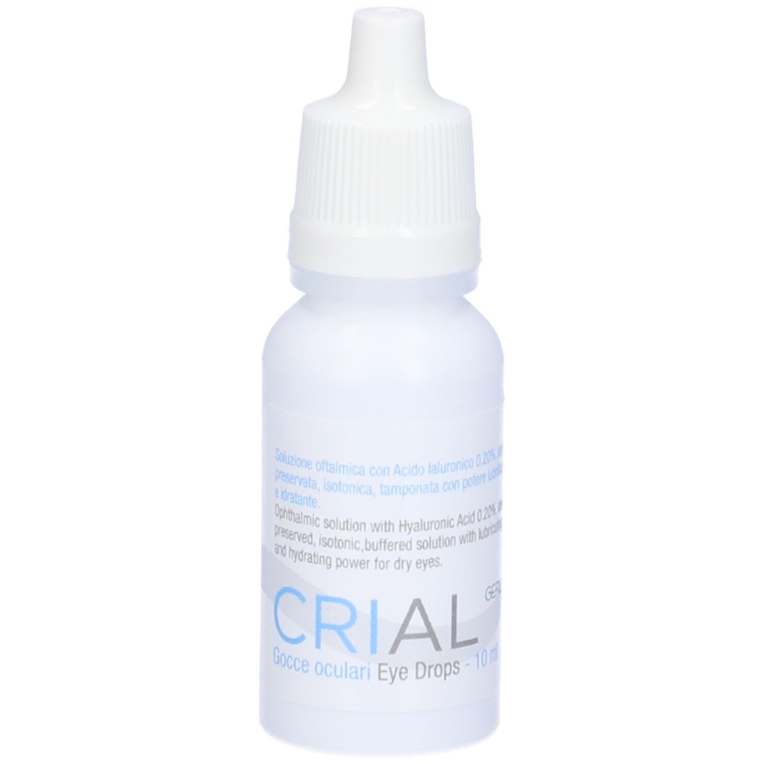 Flacone bianco di collirio con etichetta blu. Scritta: CRIAl, Gocce oculari Eye Drops. Chiusura contagocce.