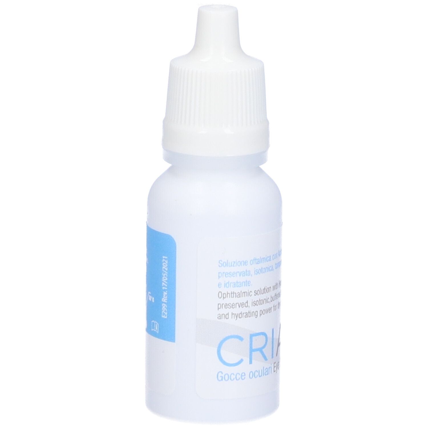 Flacone bianco di collirio con etichetta blu. Scritta: CRIAl, Gocce oculari. Chiusura contagocce.