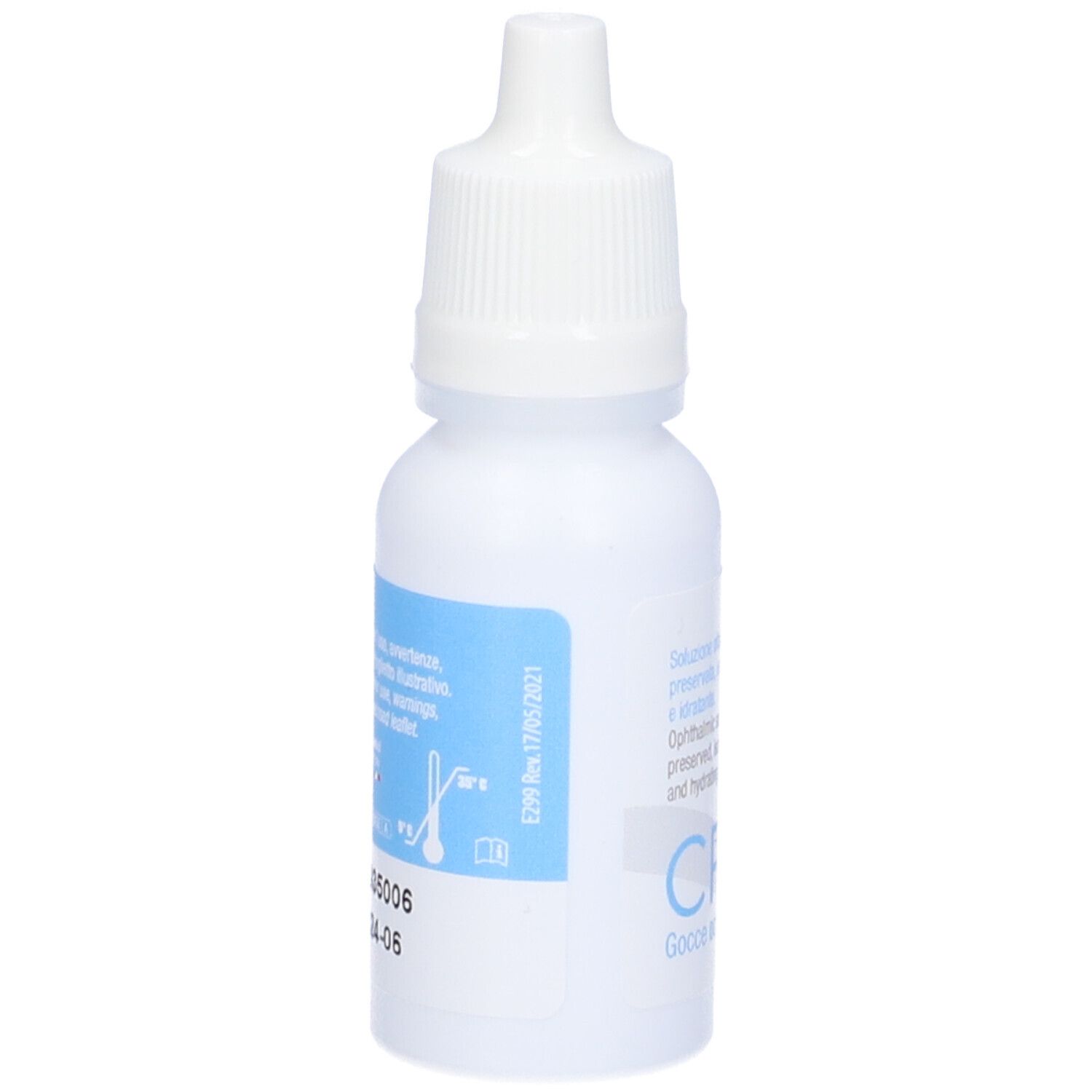 Flacone bianco di collirio con etichetta blu. Scritta: CRIAl. Stampa: BA35006, 2024-06. Chiusura contagocce.