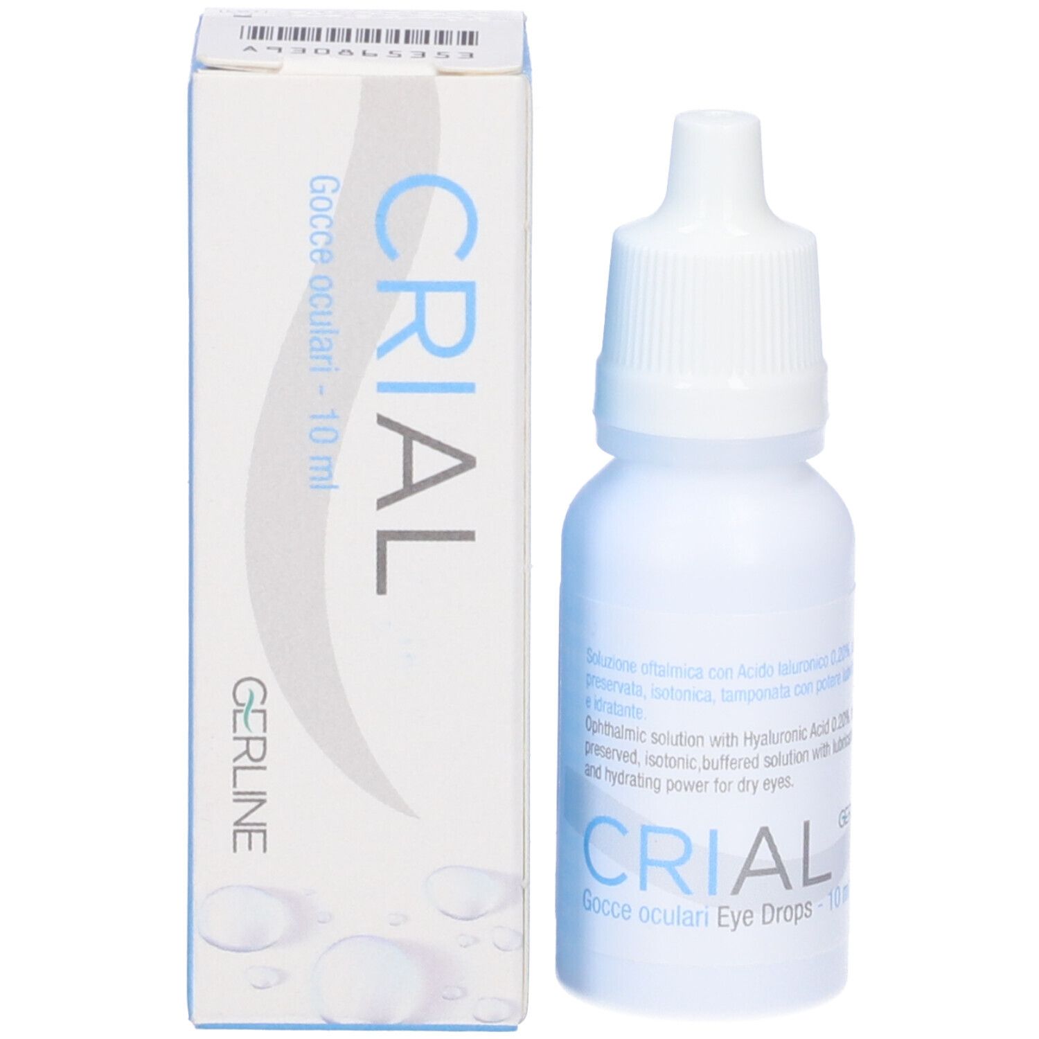 Flacone bianco di collirio e scatola. Scritta: CRIAl, Gocce oculari - 10 ml. Chiusura contagocce.