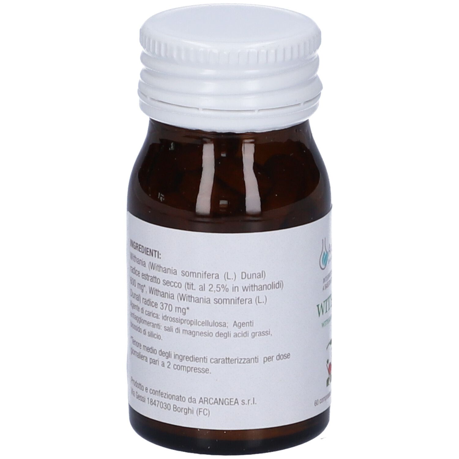 Flacone di vetro marrone con tappo bianco. Etichetta con informazioni sugli ingredienti e sul produttore.
