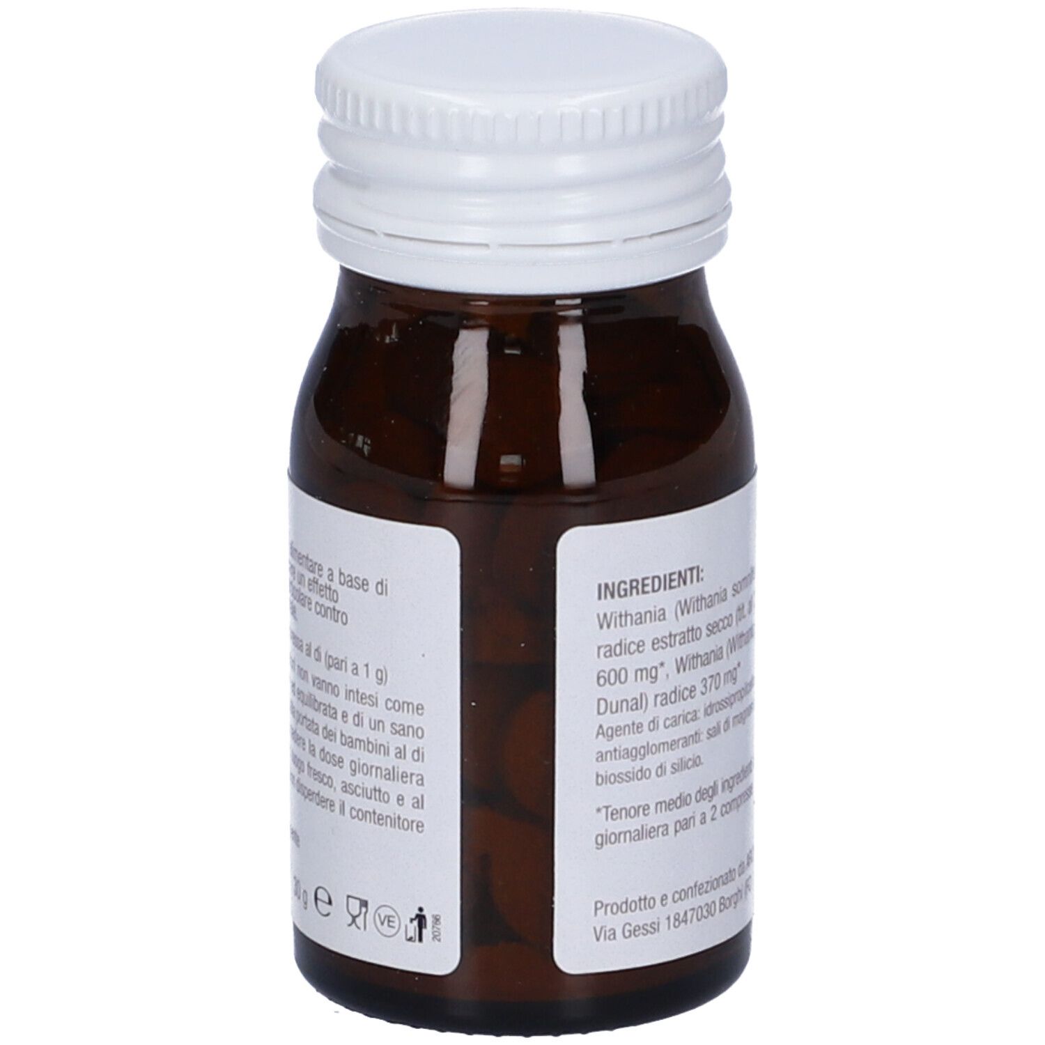 Flacone di vetro marrone con tappo bianco. Etichetta con informazioni sugli ingredienti e sul produttore.