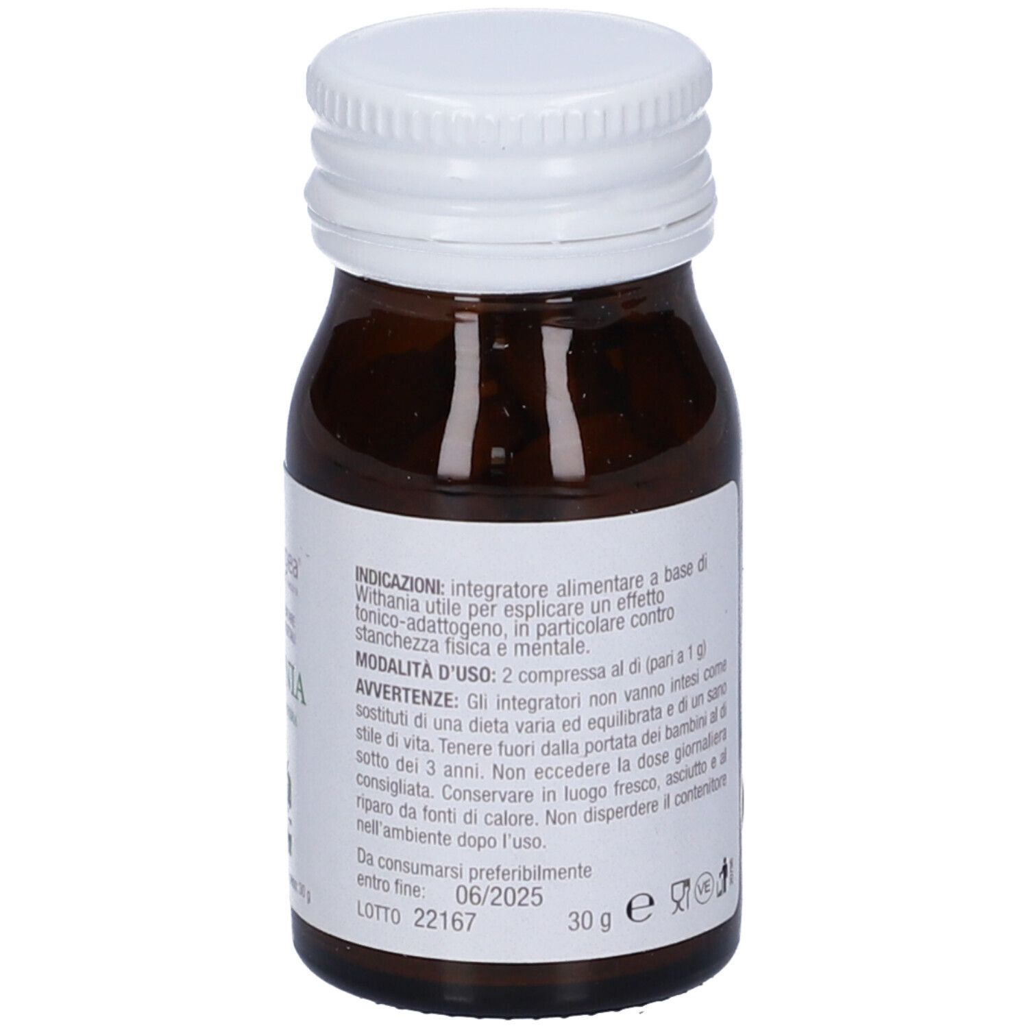 Flacone di vetro marrone con tappo bianco. Etichetta con indicazioni d'uso e avvertenze.