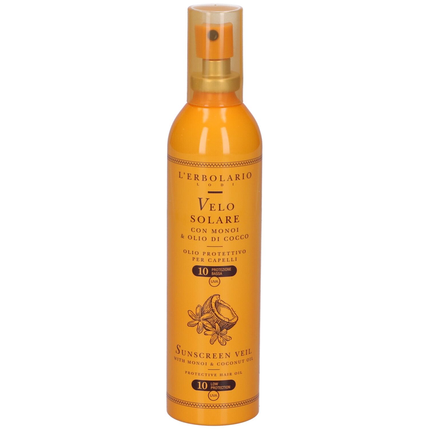 Flacone arancione con vaporizzatore. Scritta: Velo Solare, con Monoi & Olio di Cocco, olio protettivo per capelli, SPF 10.