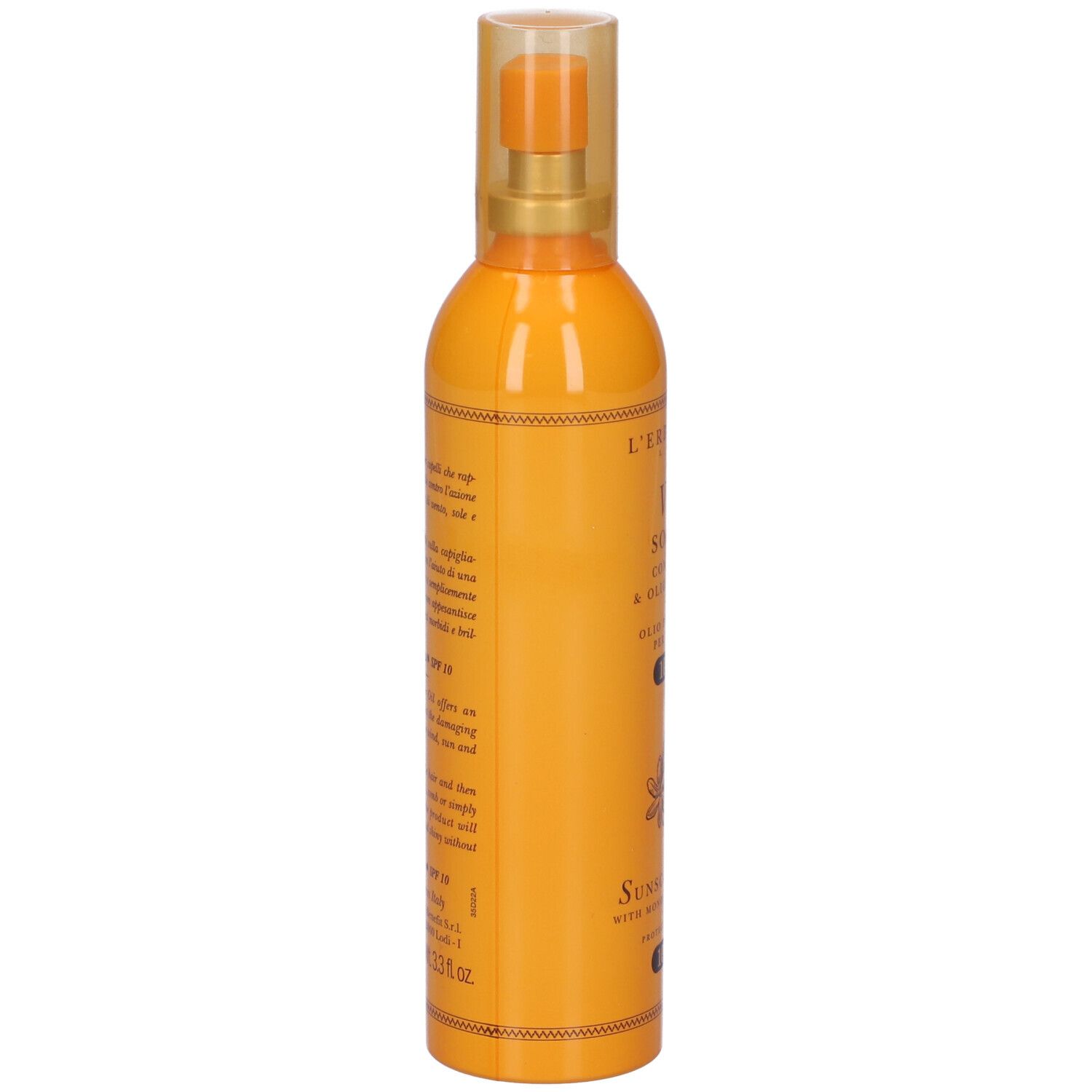 Flacone arancione con vaporizzatore. Scritta: Velo Solare, con Monoi & Olio di Cocco, olio protettivo per capelli, SPF 10.