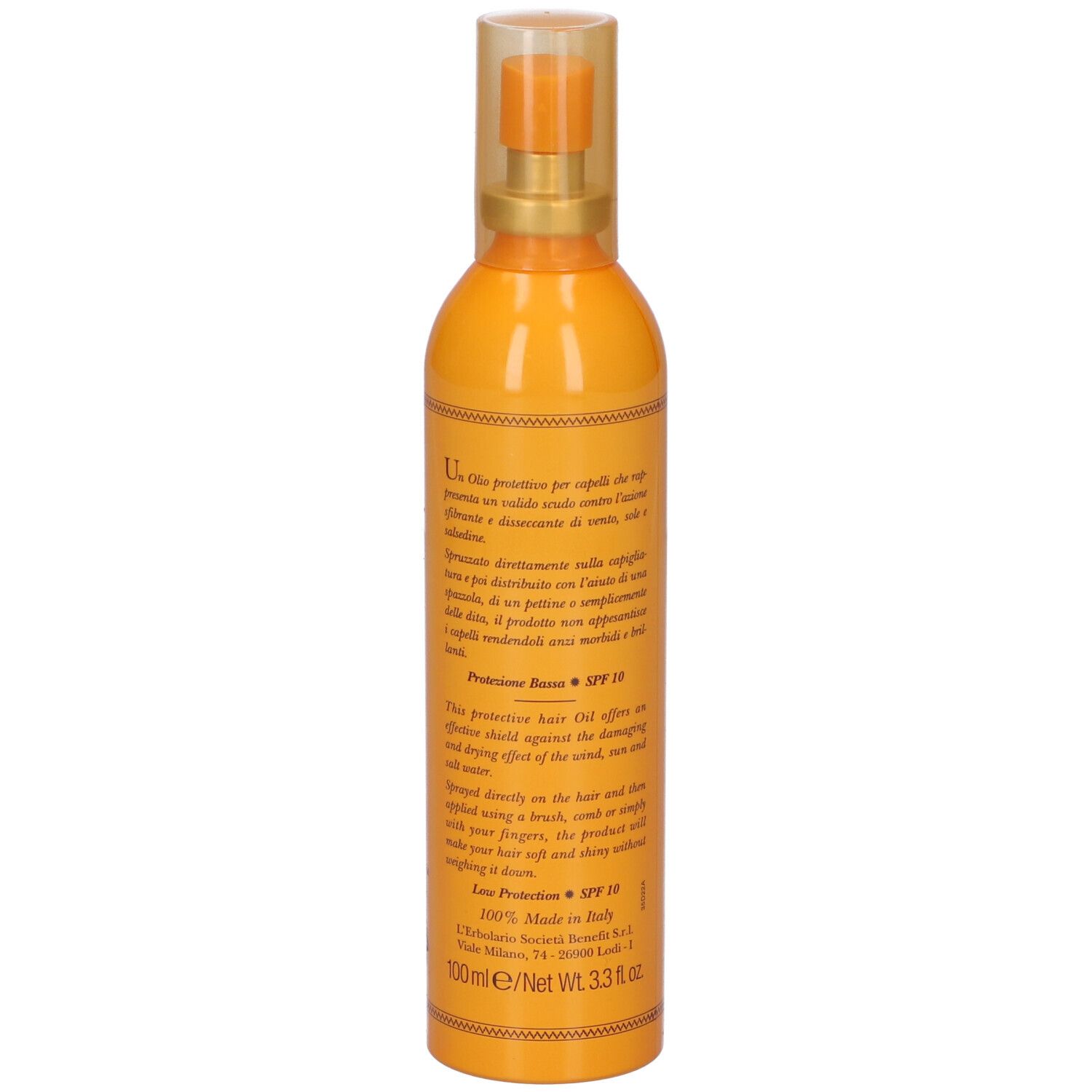 Flacone arancione con vaporizzatore. Scritta: Velo Solare, con Monoi & Olio di Cocco, olio protettivo per capelli, SPF 10.