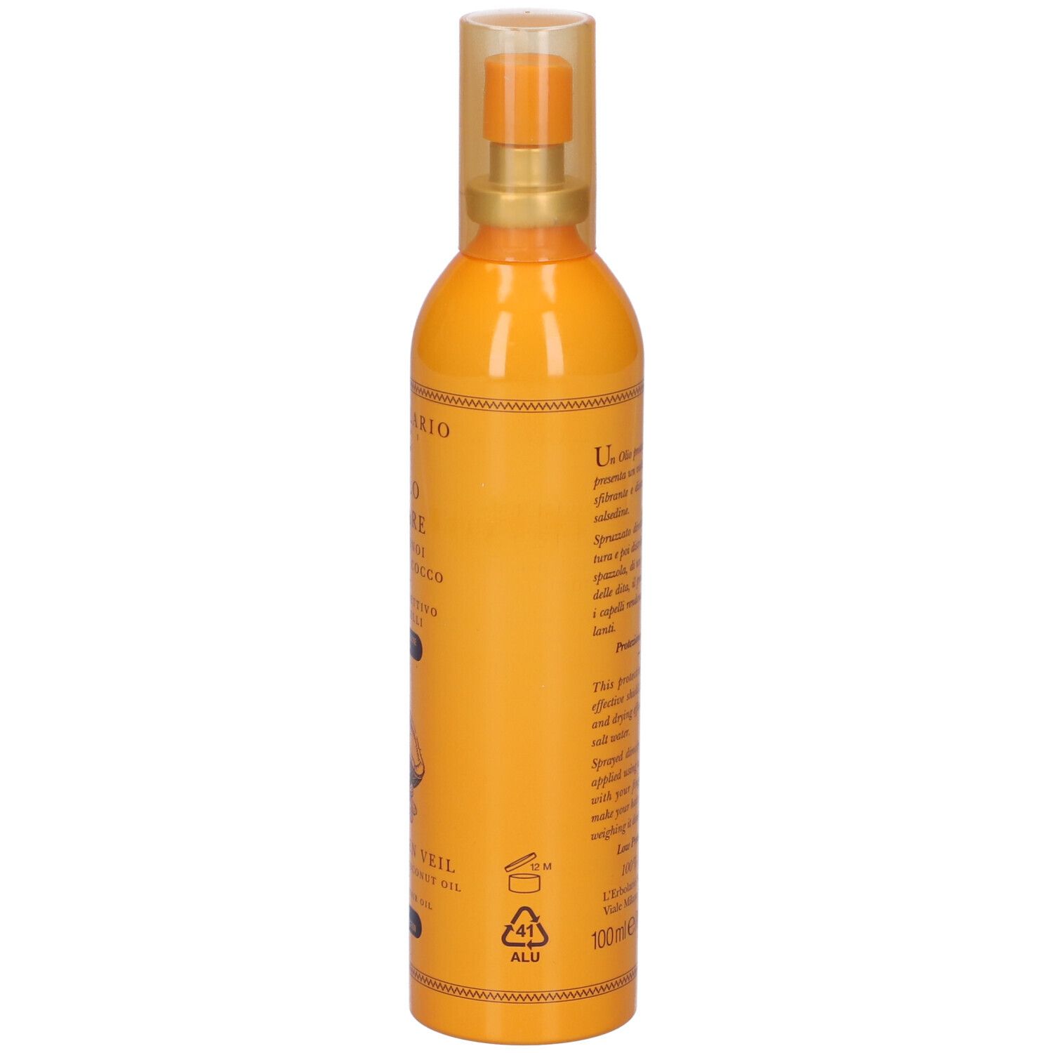 Flacone arancione con vaporizzatore. Scritta: Velo Solare, con Monoi & Olio di Cocco, olio protettivo per capelli, SPF 10.