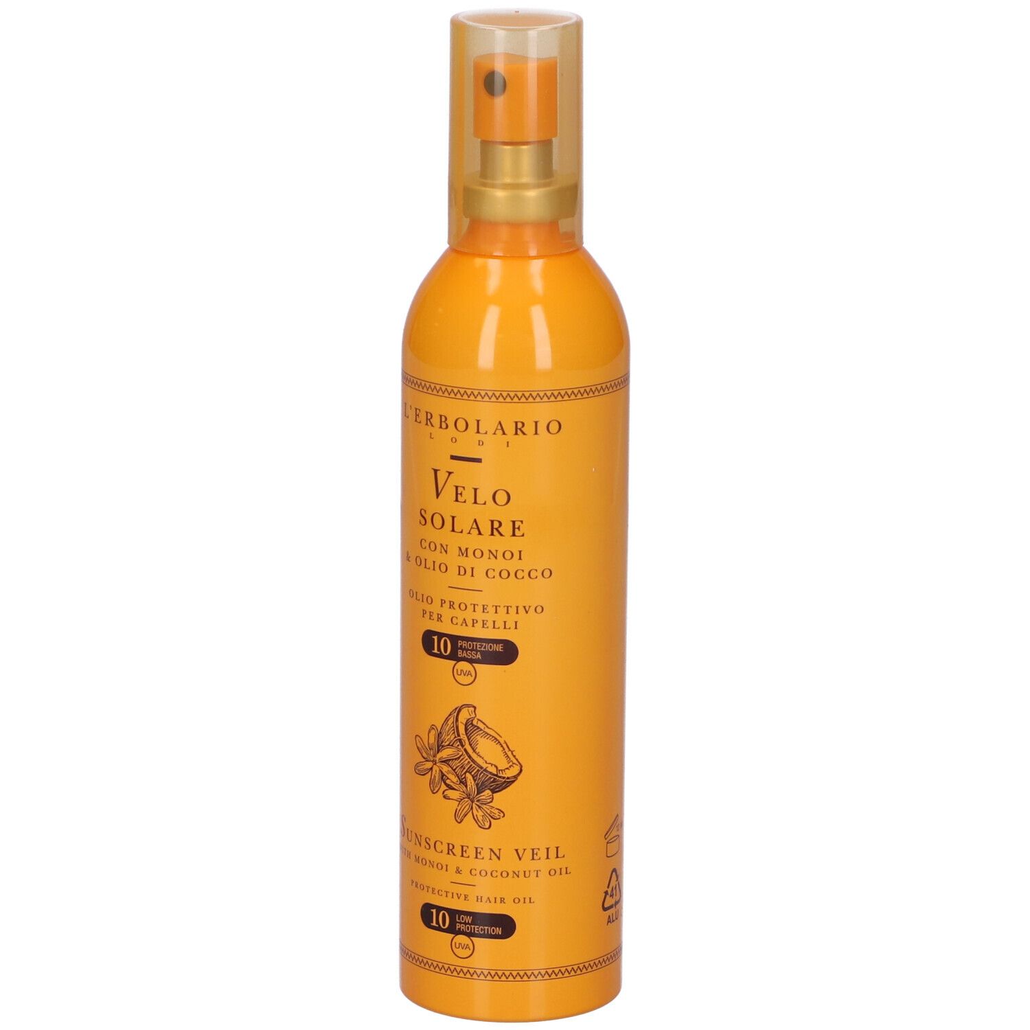 Flacone arancione con vaporizzatore. Scritta: Velo Solare, con Monoi & Olio di Cocco, olio protettivo per capelli, SPF 10.