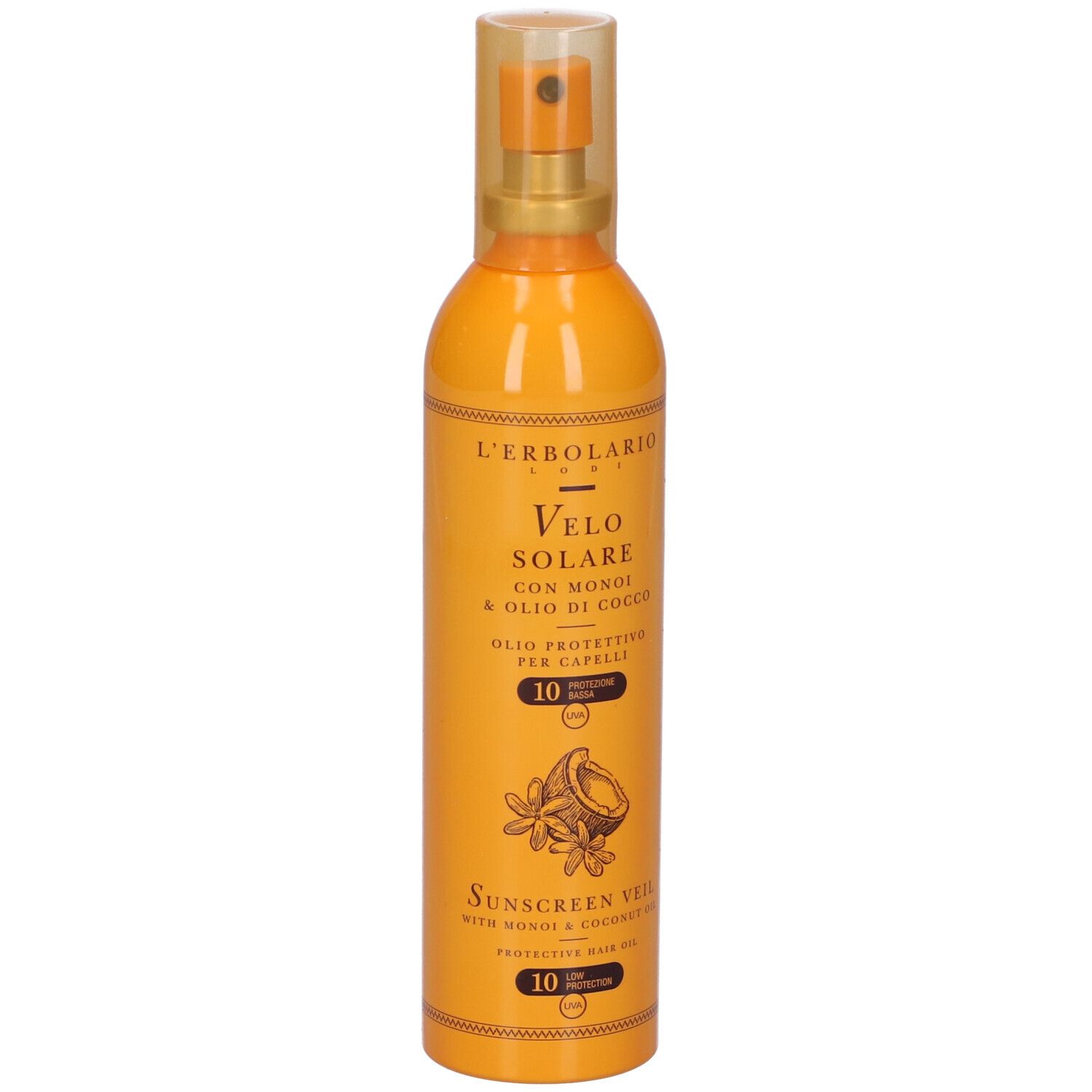 Flacone arancione con vaporizzatore. Scritta: Velo Solare, con Monoi & Olio di Cocco, olio protettivo per capelli, SPF 10.