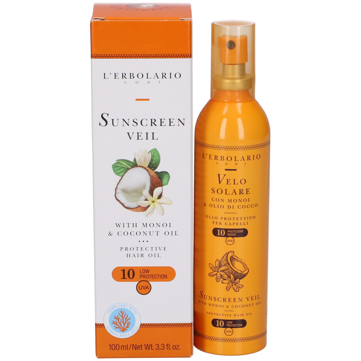 Flacone e scatola arancioni. Scritta: Sunscreen Veil, con Monoi & Coconut Oil, Protective Hair Oil, SPF 10.
