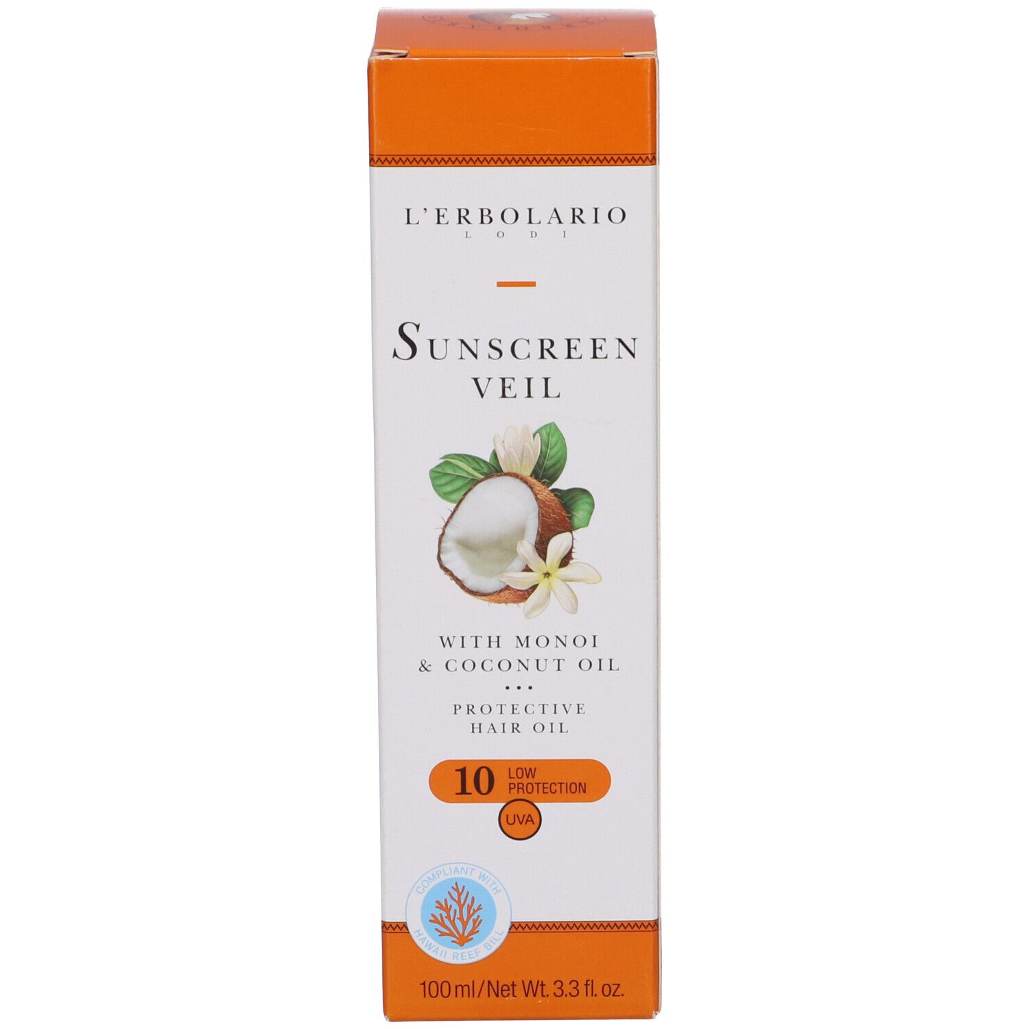 Scatola. Scritta: Sunscreen Veil, con Monoi & Coconut Oil, Protective Hair Oil, SPF 10.