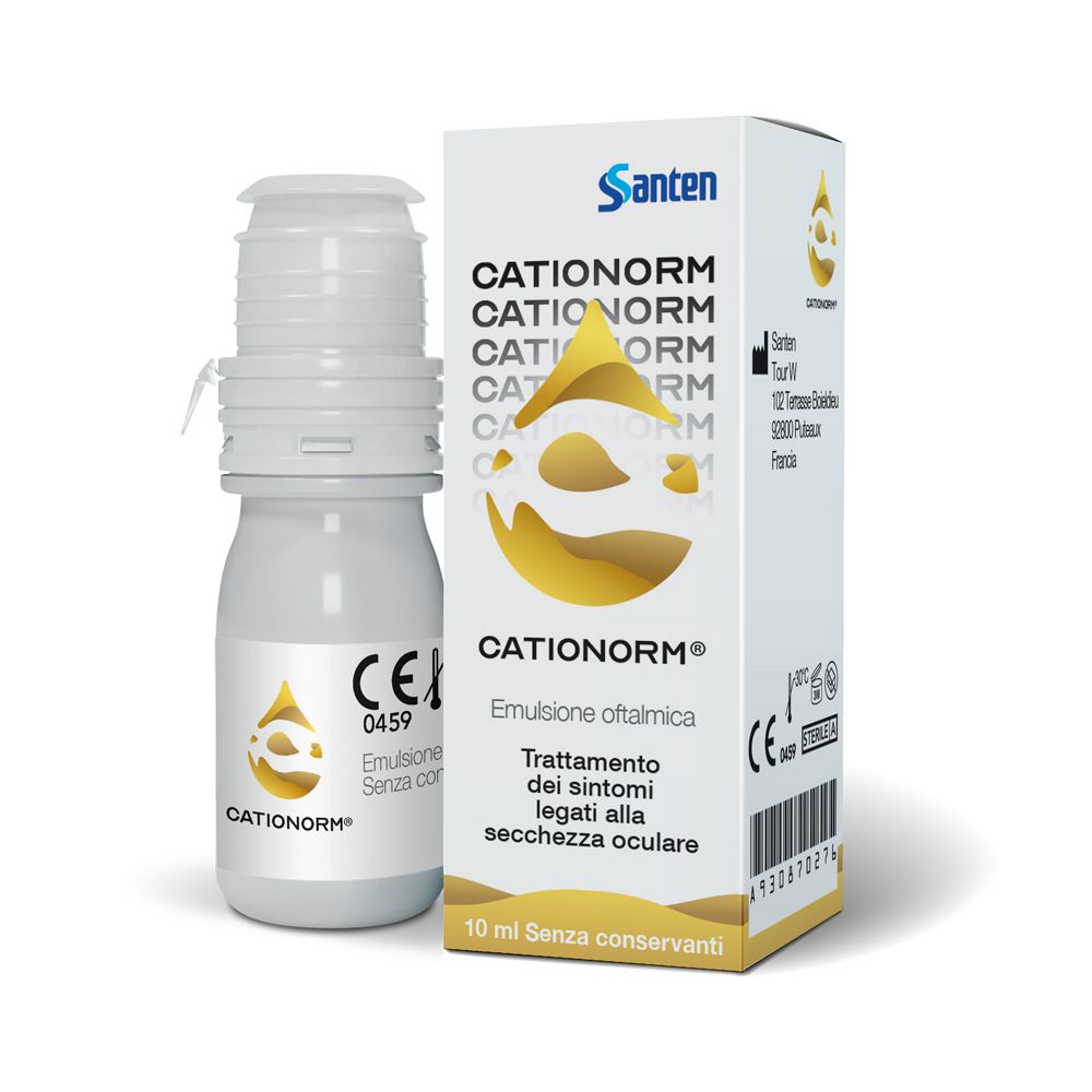 Flacone e scatola bianchi Cationorm®. Scritto: Emulsione oftalmica. Trattamento dei sintomi della secchezza oculare. Marchio CE.