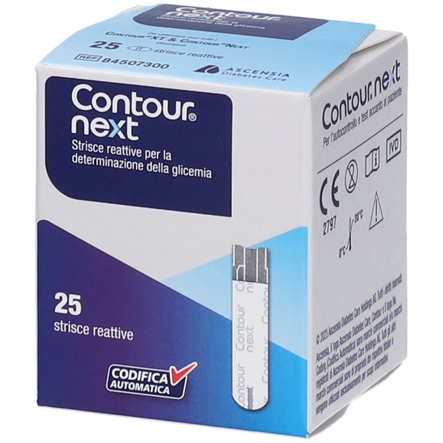 Ascensia Contour Next Blutzuckerteststreifen-Verpackung, 25 Stück, mit automatischer Codierung.