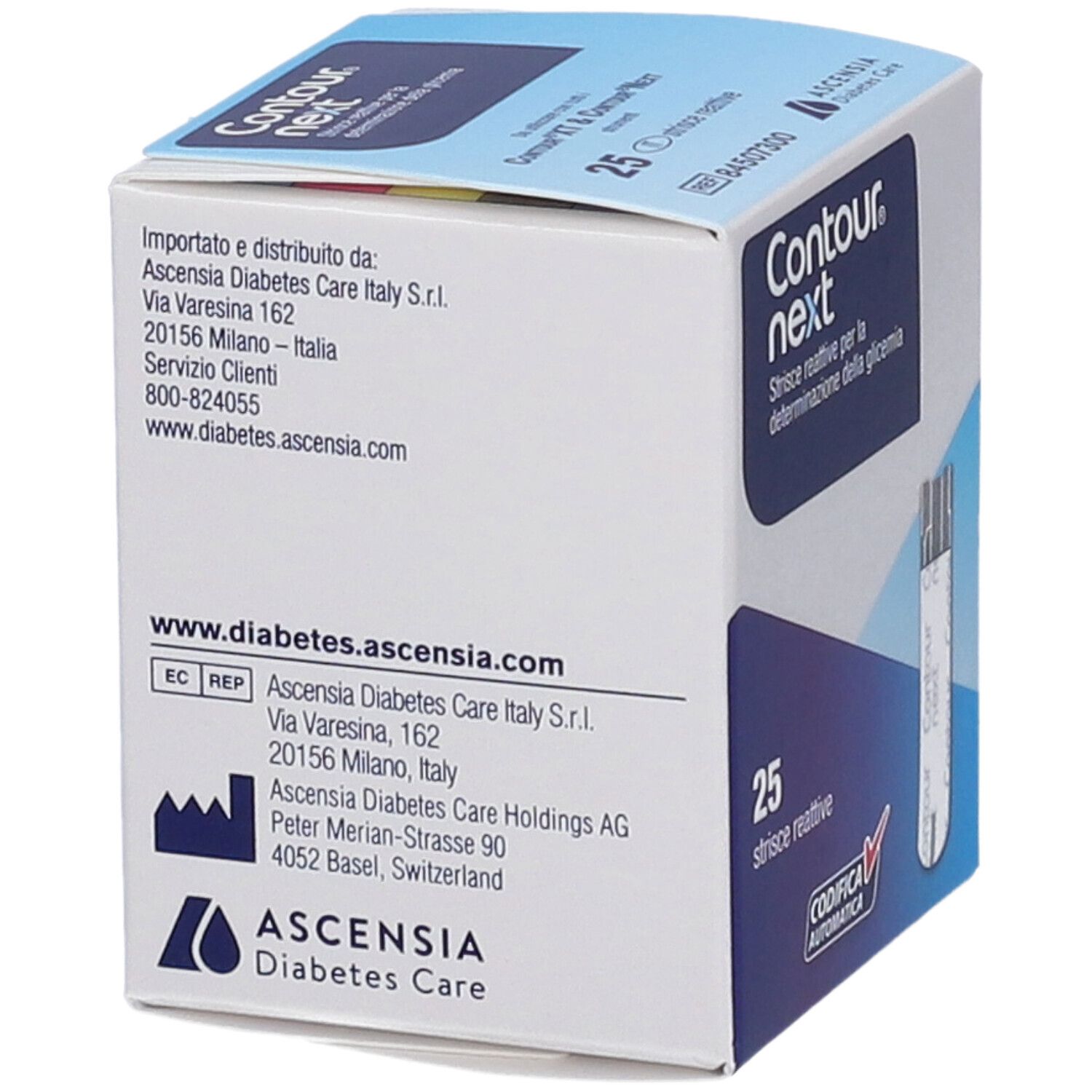 Ascensia Contour Next Packung mit 25 Blutzuckerteststreifen.