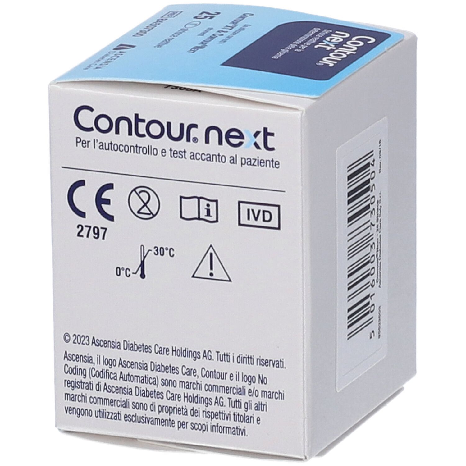 Verpackung für Contour Next Blutzuckerteststreifen mit CE-Zeichen und Temperaturangabe.