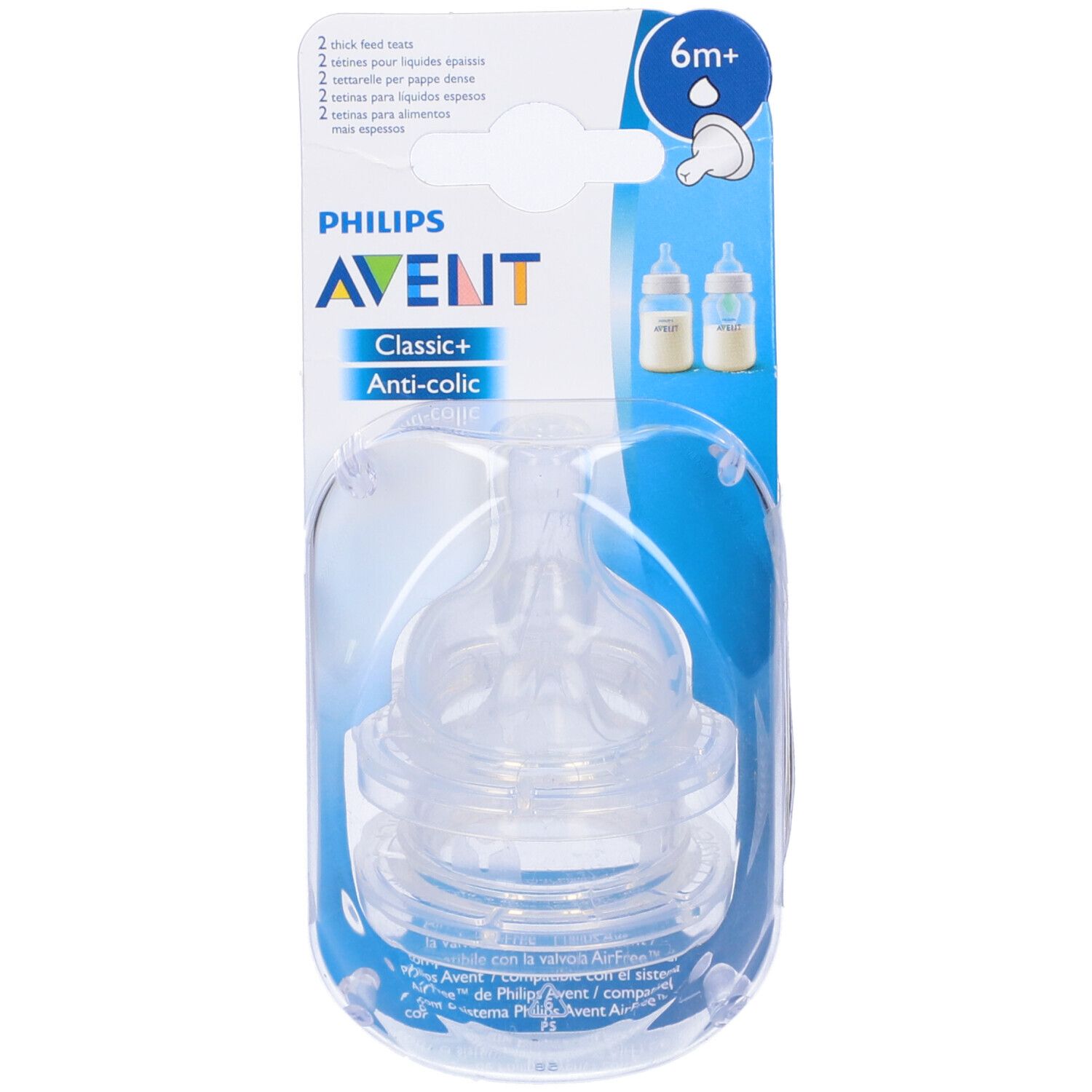 Confezione con due tettarelle trasparenti. Scritto "PHILIPS AVENT Classic+" e "6m+".