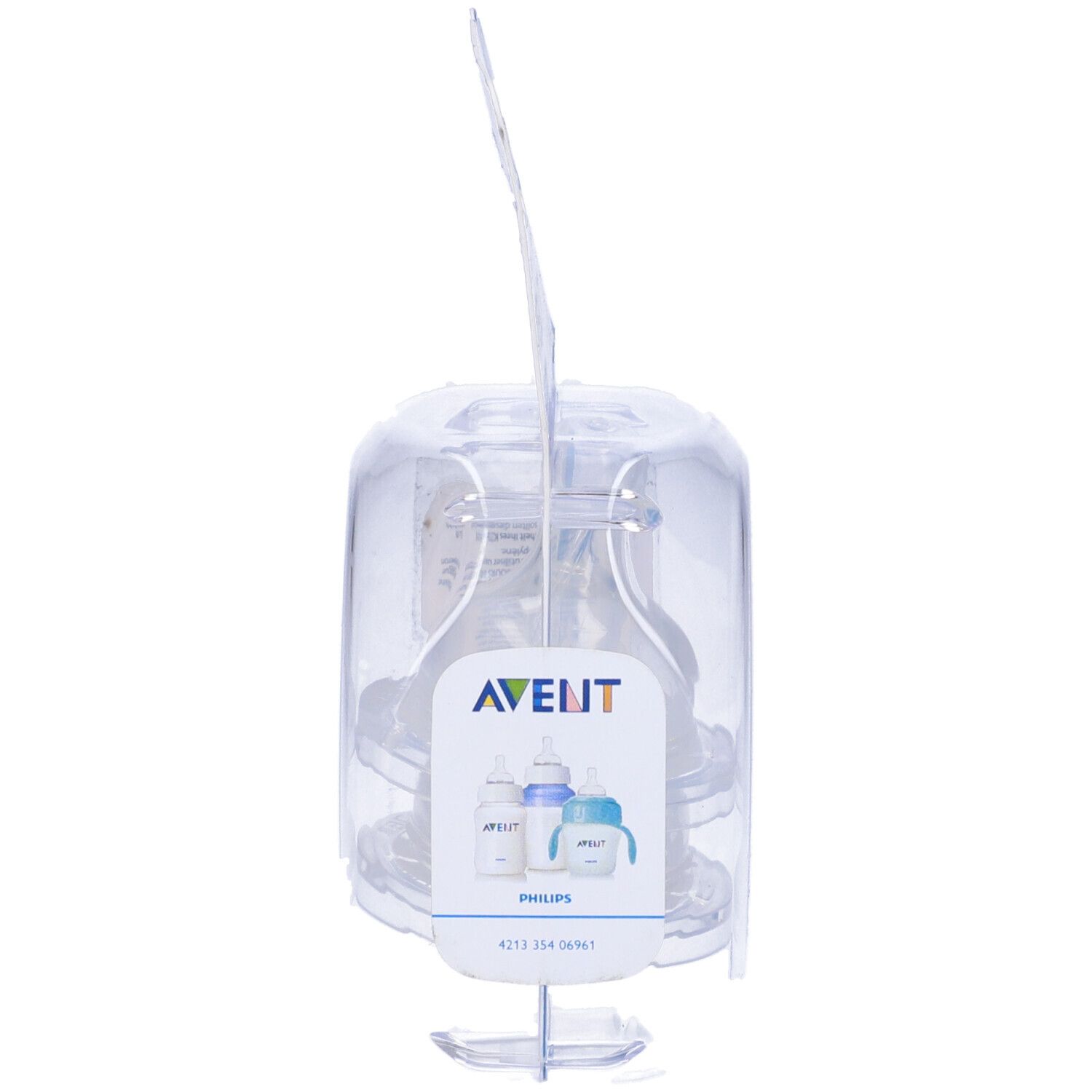 Confezione trasparente con due tettarelle. Etichetta con "AVENT" e immagini di biberon.