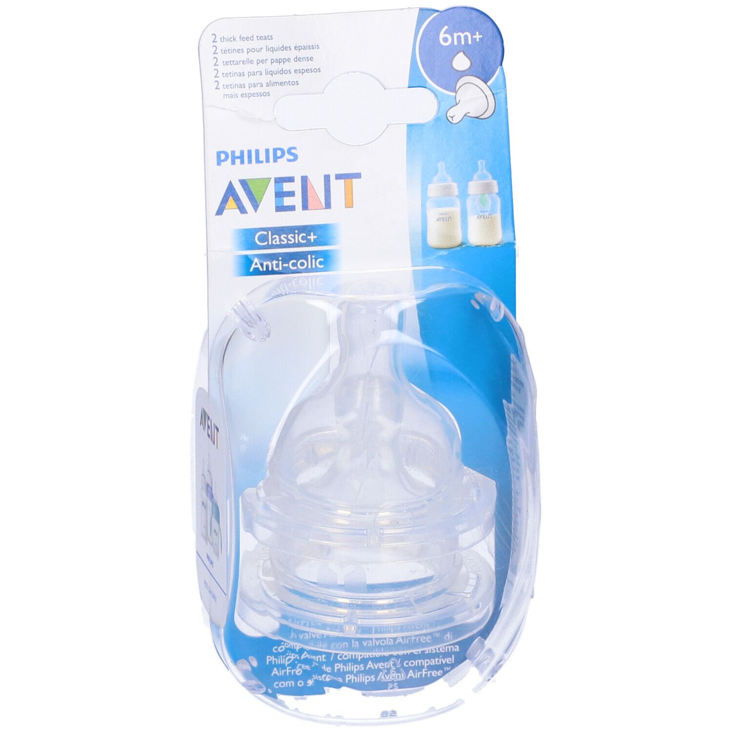 Confezione con due tettarelle. Scritto "PHILIPS AVENT Classic+" e "6m+".
