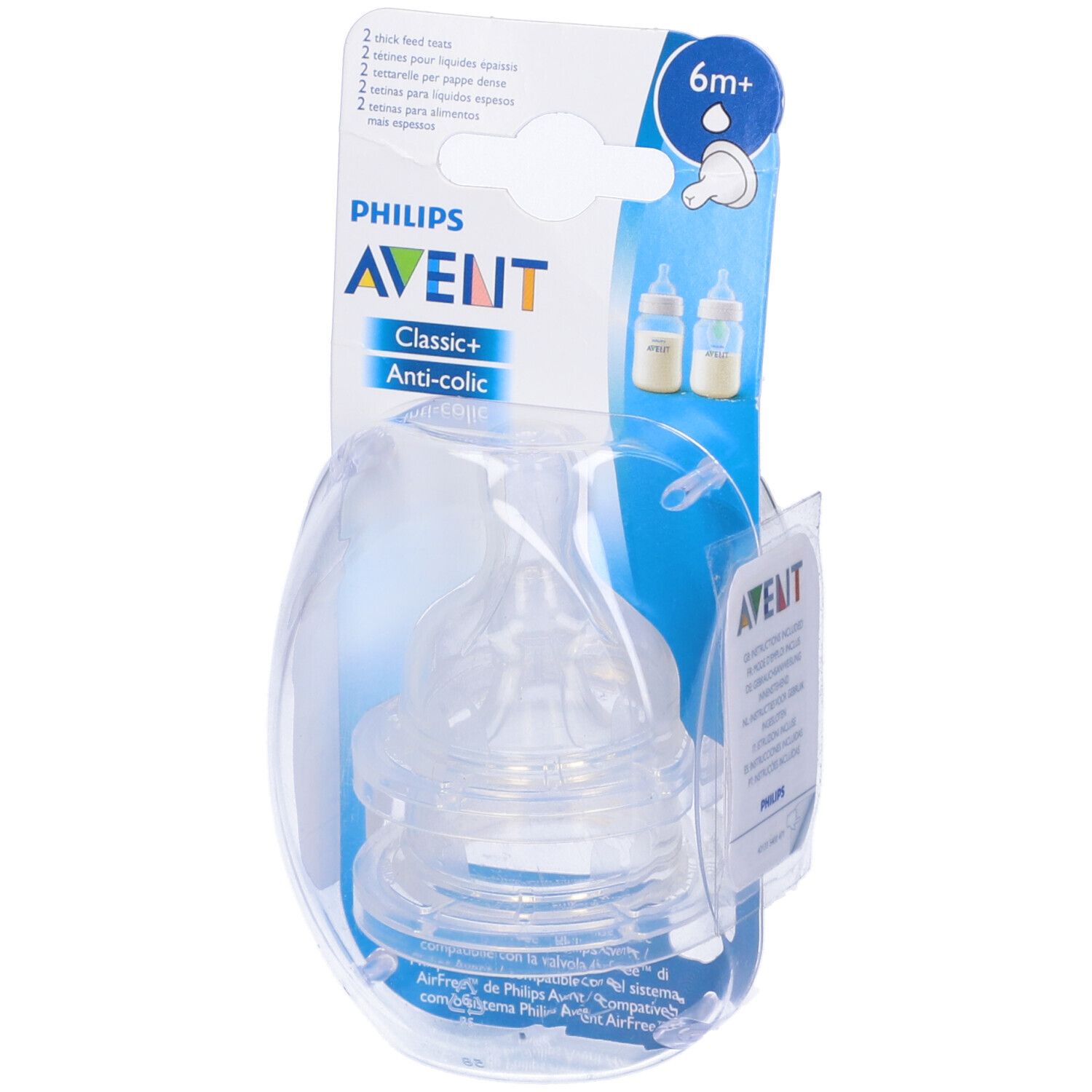 Confezione con due tettarelle. Scritto "PHILIPS AVENT Classic+" e "6m+".