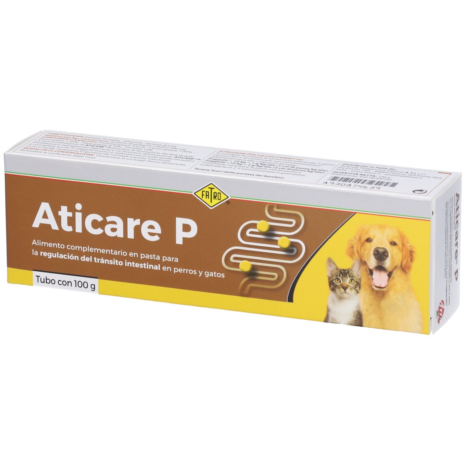 Scatola Aticare P. Testo: 'Tubo con 100 g'. Immagine cane e gatto. Scritto: 'Alimento complementario en pasta'.