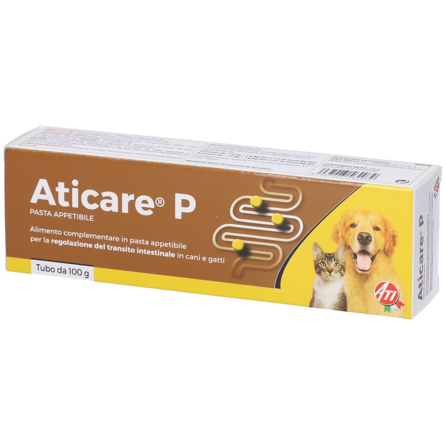 Scatola Aticare P Pasta Appetibile. Testo: 'Tubo da 100 g'. Immagine cane e gatto. Scritto: 'Pasta appetibile'.
