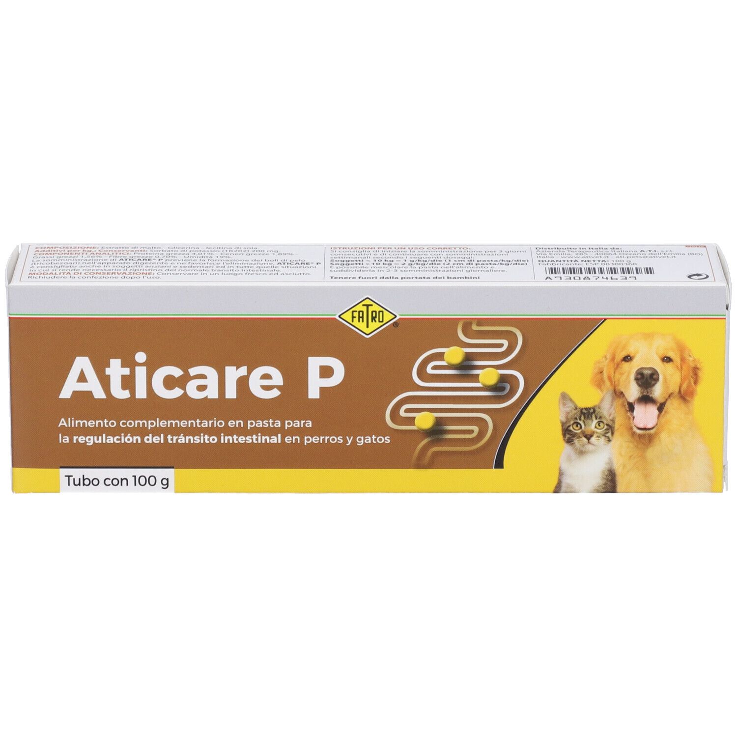 Scatola Aticare P. Testo: 'Tubo con 100 g'. Immagine cane e gatto. Scritto: 'Alimento complementario en pasta'.